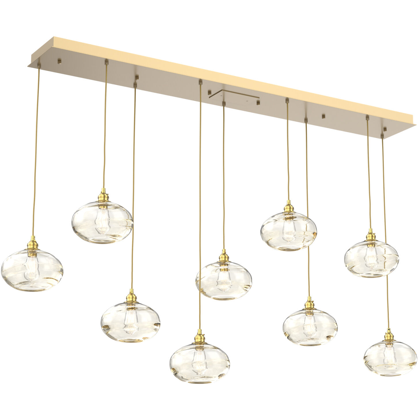 Coppa 9 Light Gilded Brass Linear Pendant Ceiling Light in Coppa Amber, Multi-Port