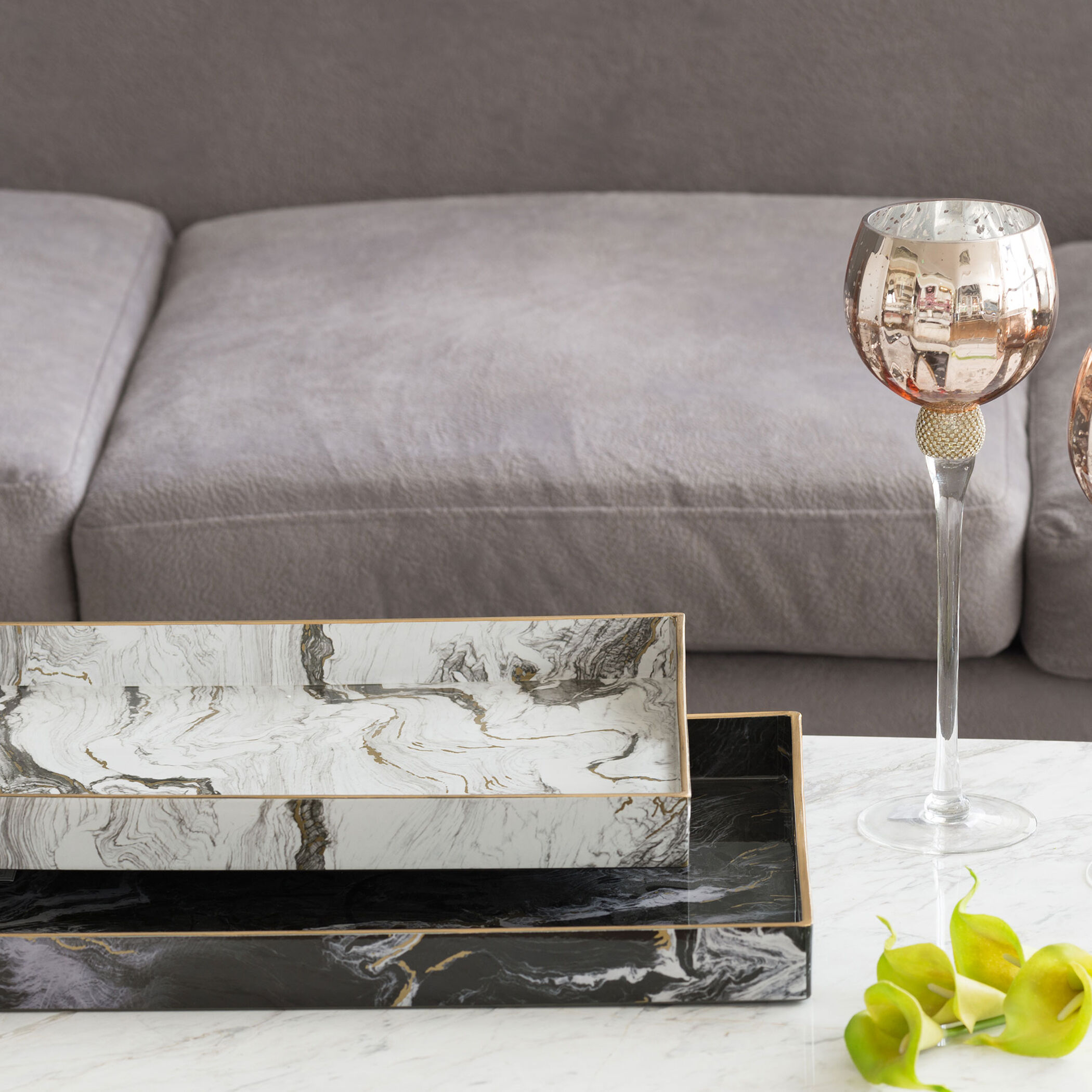 Quinn Rectangular Decorative Black and White Tray, Set of 2