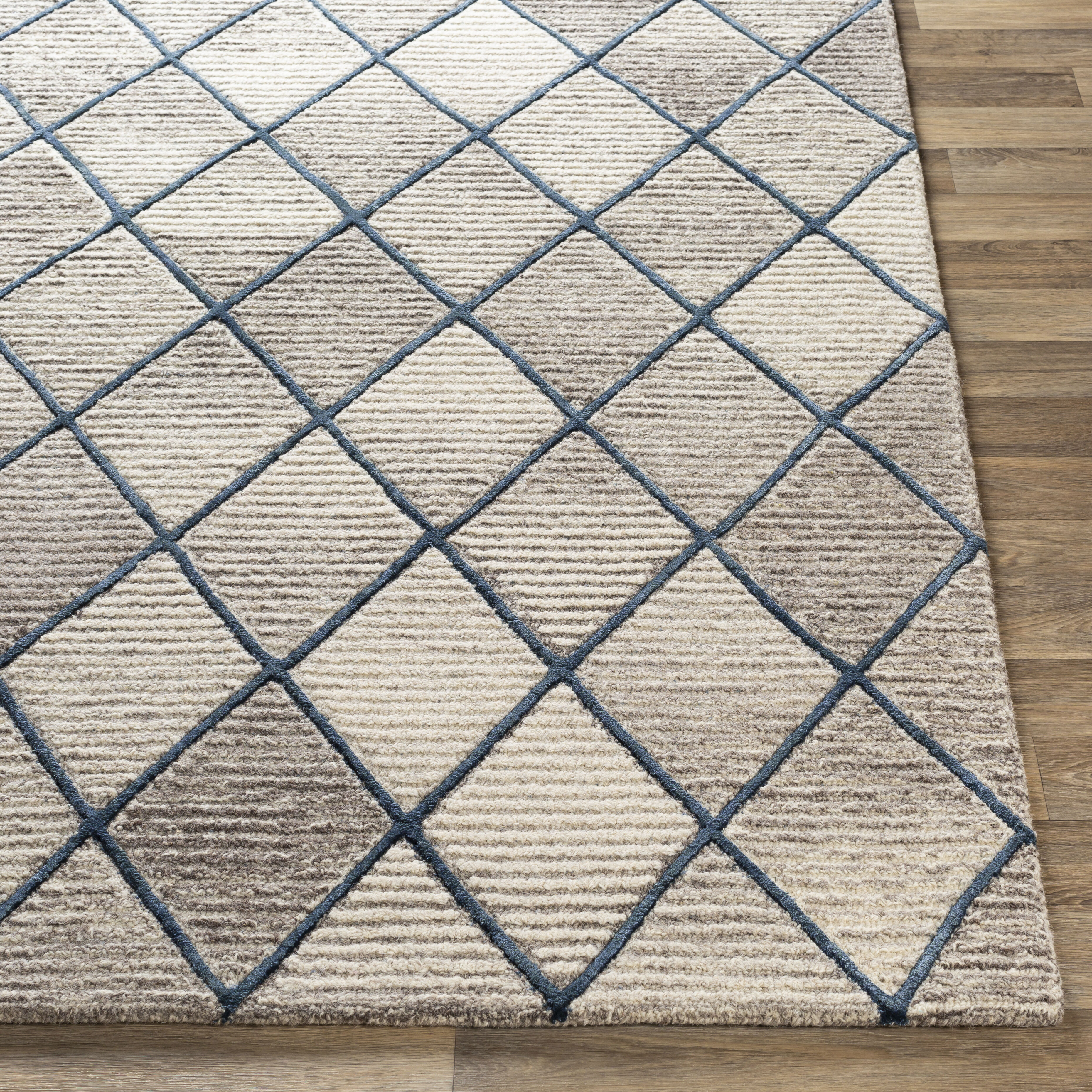 Eaton 108 X 72 inch Taupe/Dark Brown/Light Beige/Ink Blue Handmade Rug in 6 x 9, Rectangle