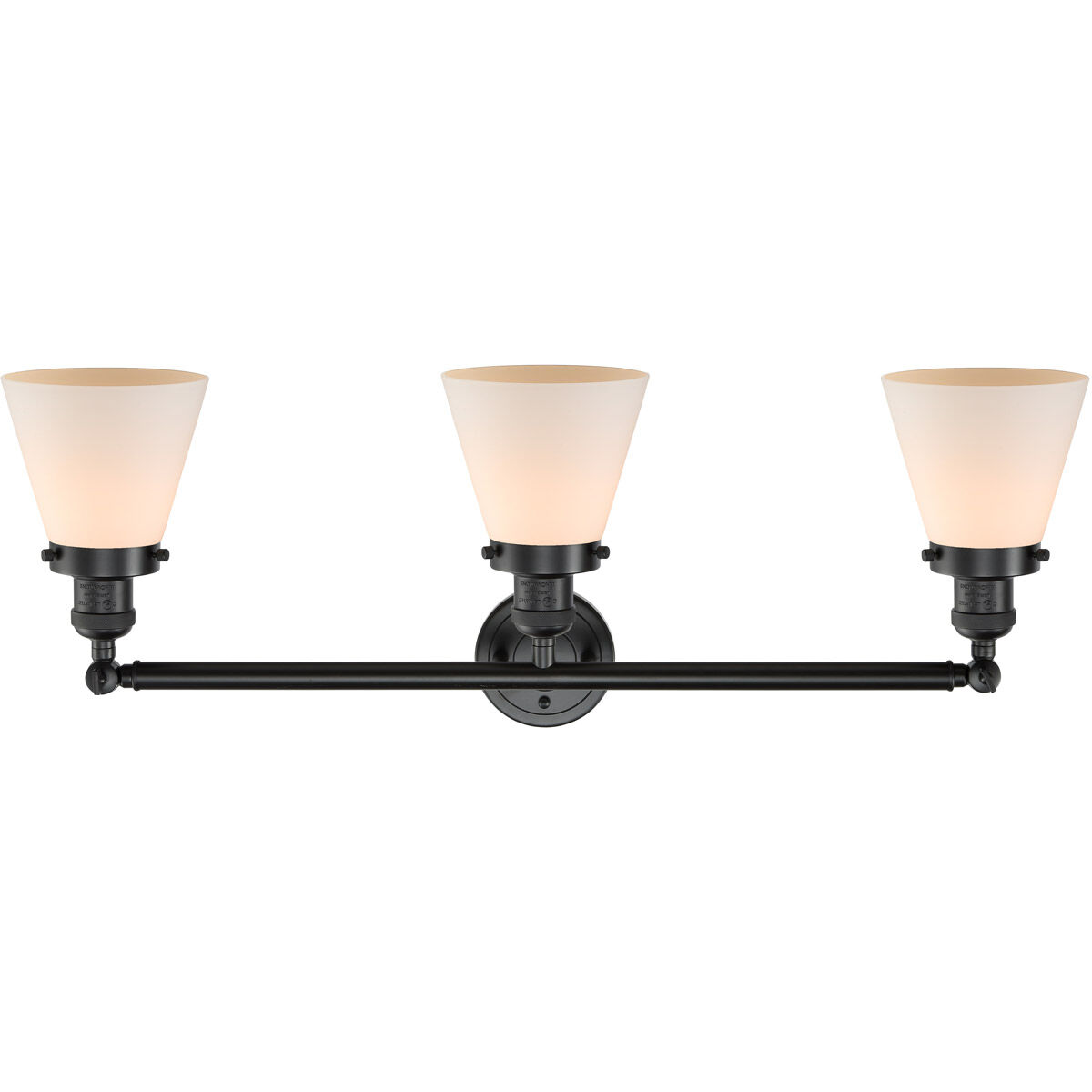 Franklin Restoration Small Cone 3 Light 30 inch Oil Rubbed Bronze Bath Vanity Light Wall Light in Matte White Glass, Franklin Restoration