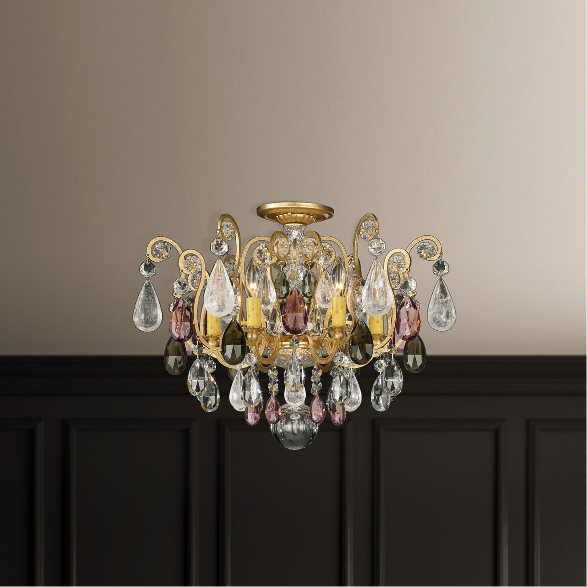 Renaissance Rock Crystal 6 Light 20 inch Heirloom Gold Semi-Flush Mount Ceiling Light in Rock Amethyst and Black Diamond