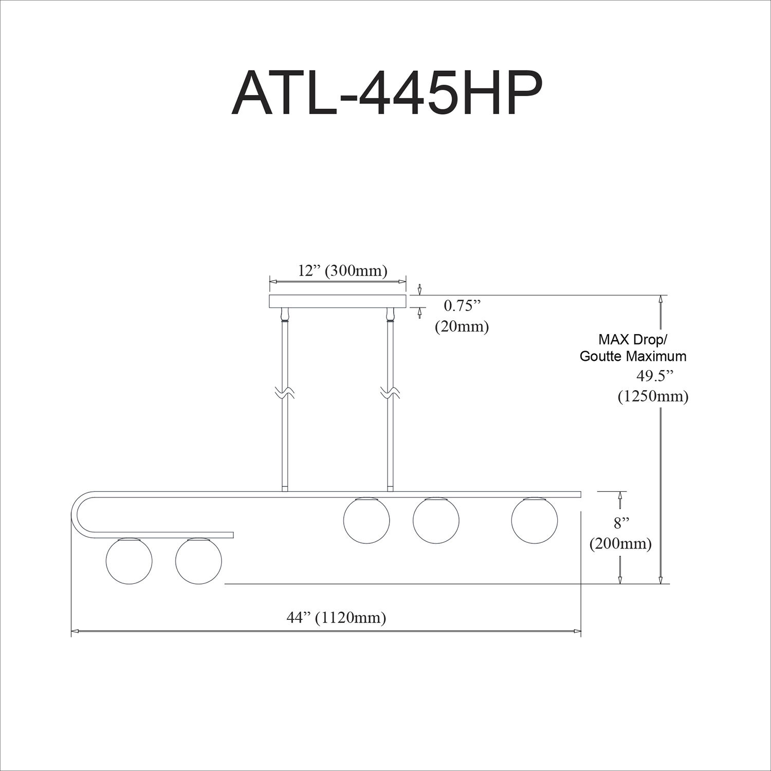 Atlas 5 Light 44 inch Matte Black Horizontal Pendant Ceiling Light