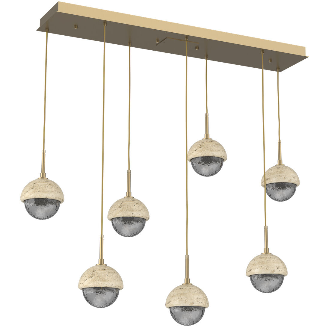 Cabochon LED 46.1 inch Gilded Brass with Travertine Stone Linear Multi-Pendant Ceiling Light in 3000K LED, Smoke