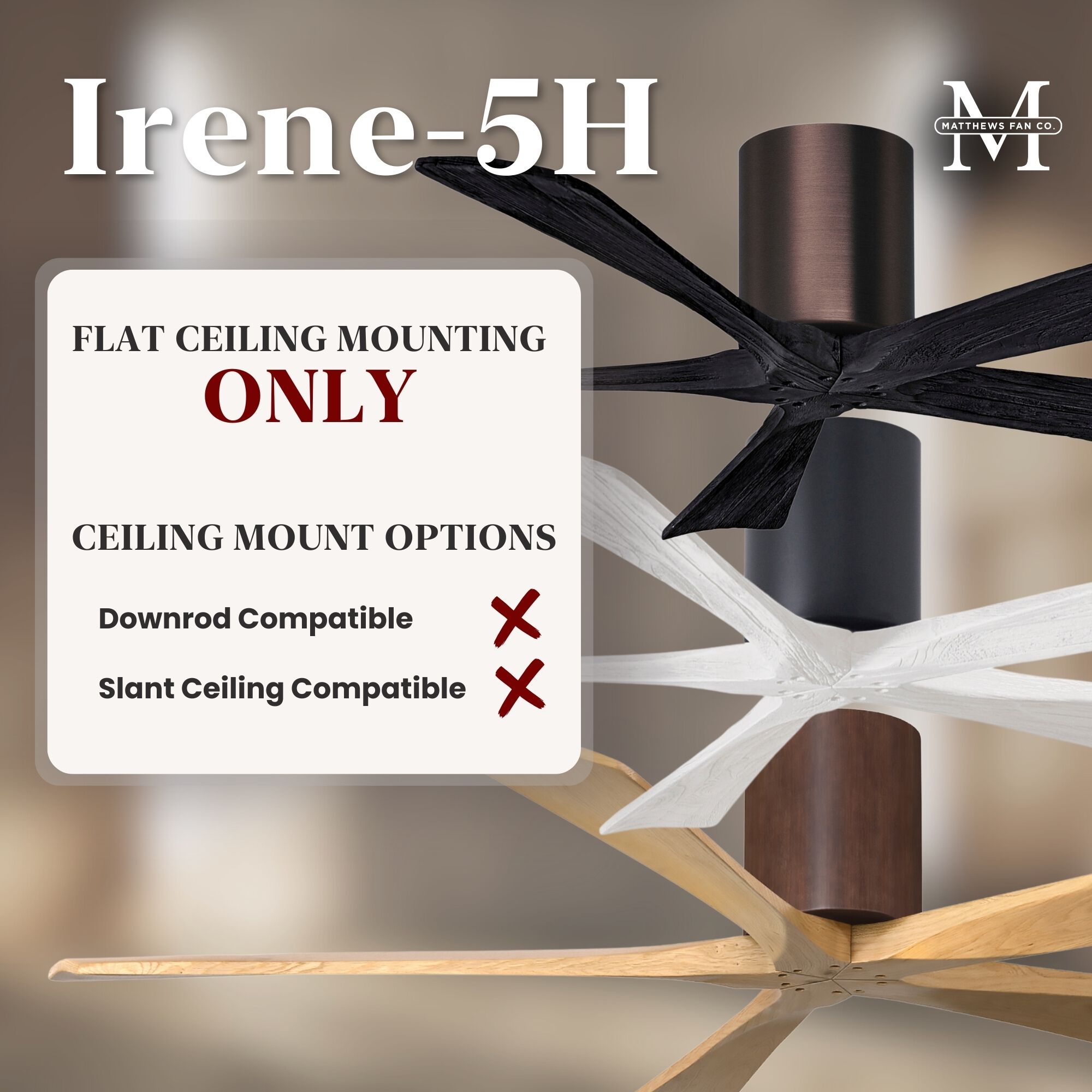 Atlas Irene-5H 42 inch Textured Bronze with Matte Black Blades Flush Mount Paddle Fan, Flush Mounted