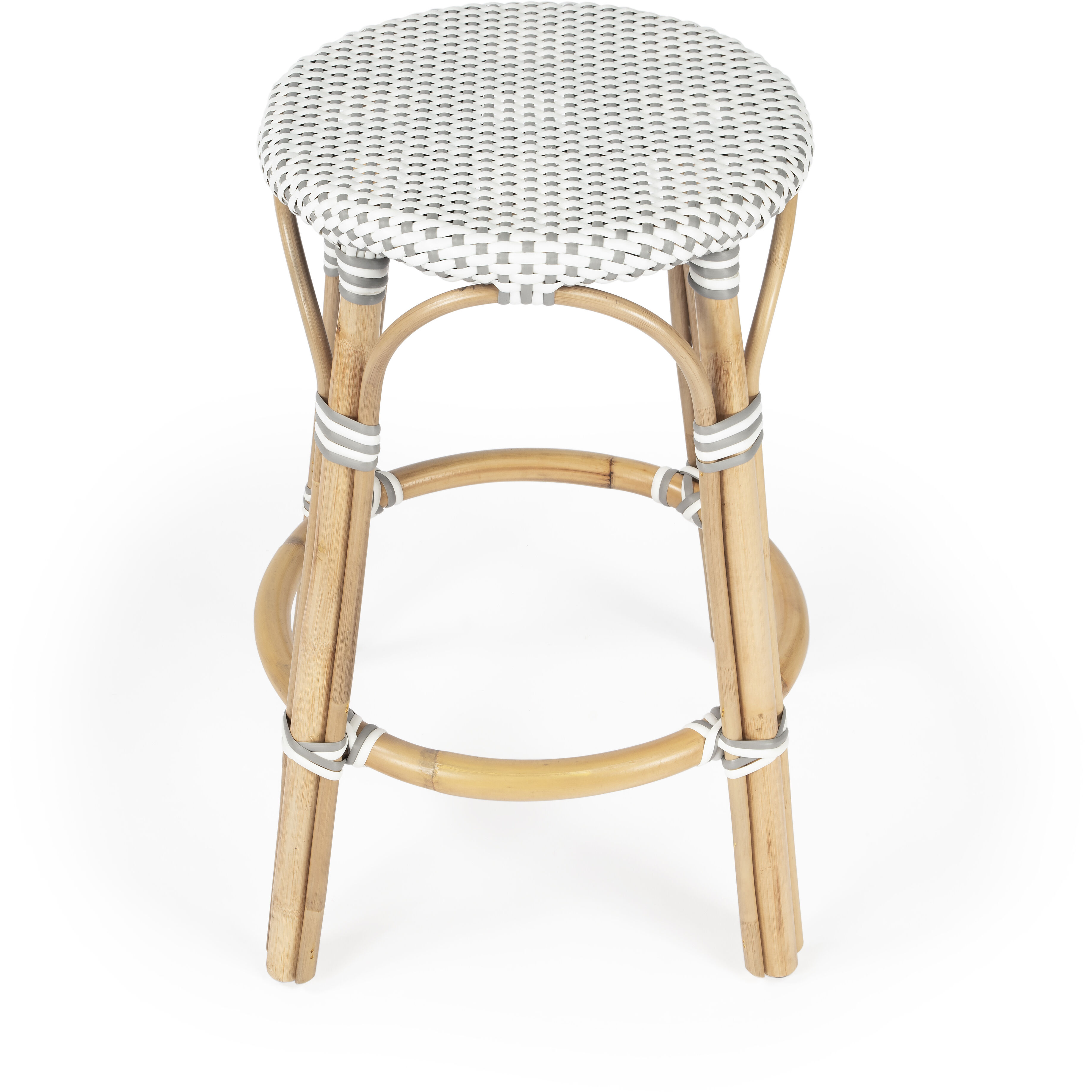 Tobias Rattan Round 24" Counter Stool in White and Gray Dot