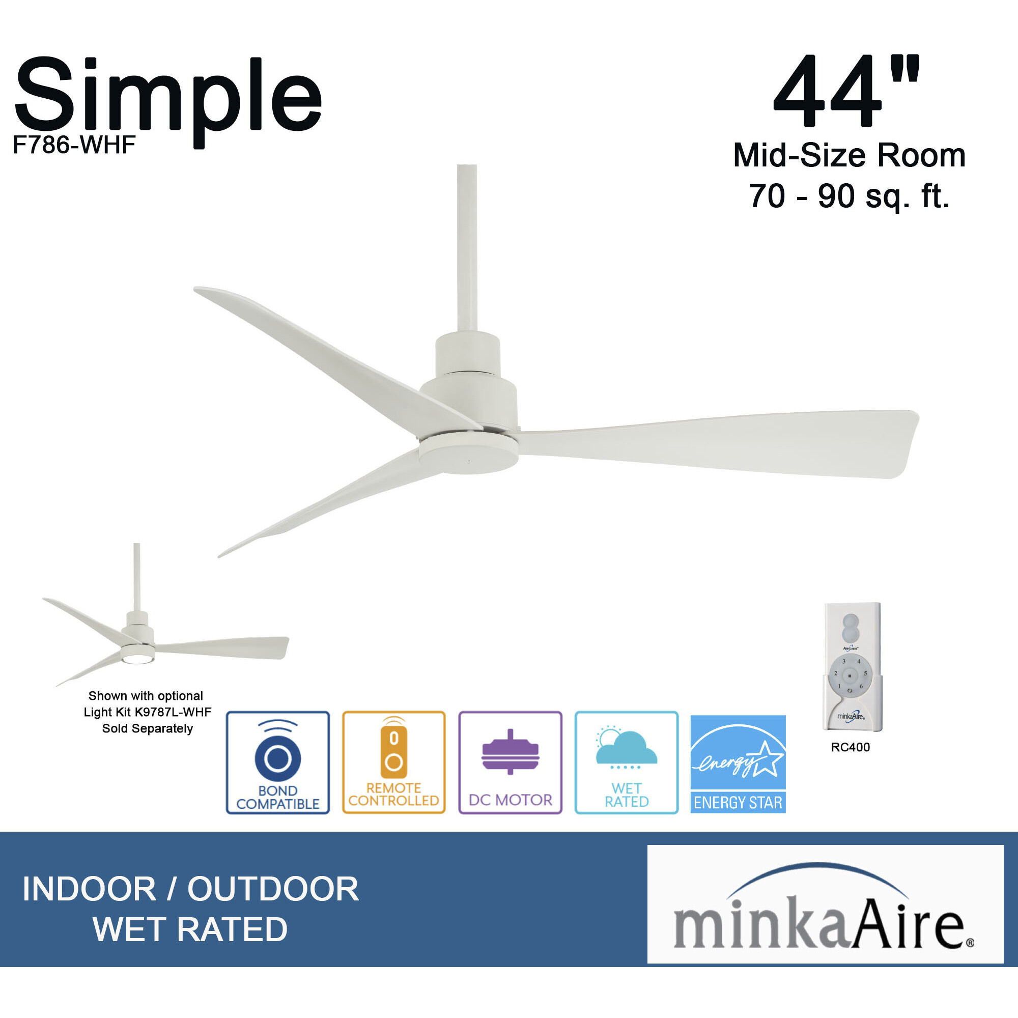 Simple 44 inch Flat White Outdoor Ceiling Fan