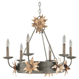 Simone 6 Light 27 inch Silver With Gold Leave Blossom Outdoor Chandelier, Flambeau