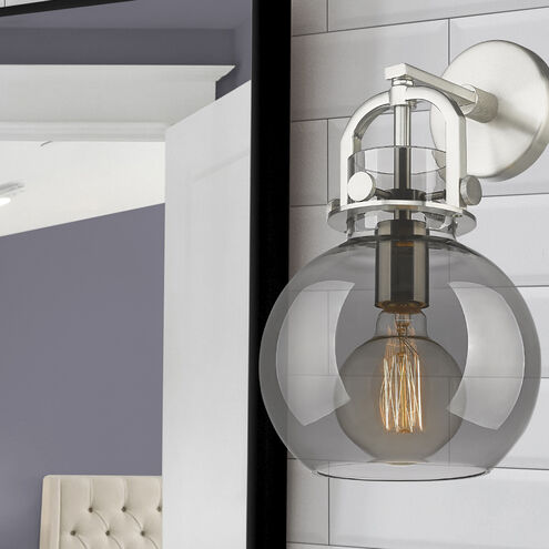 Newton Sphere Sconce Wall Light in Satin Nickel, Light Smoke Glass