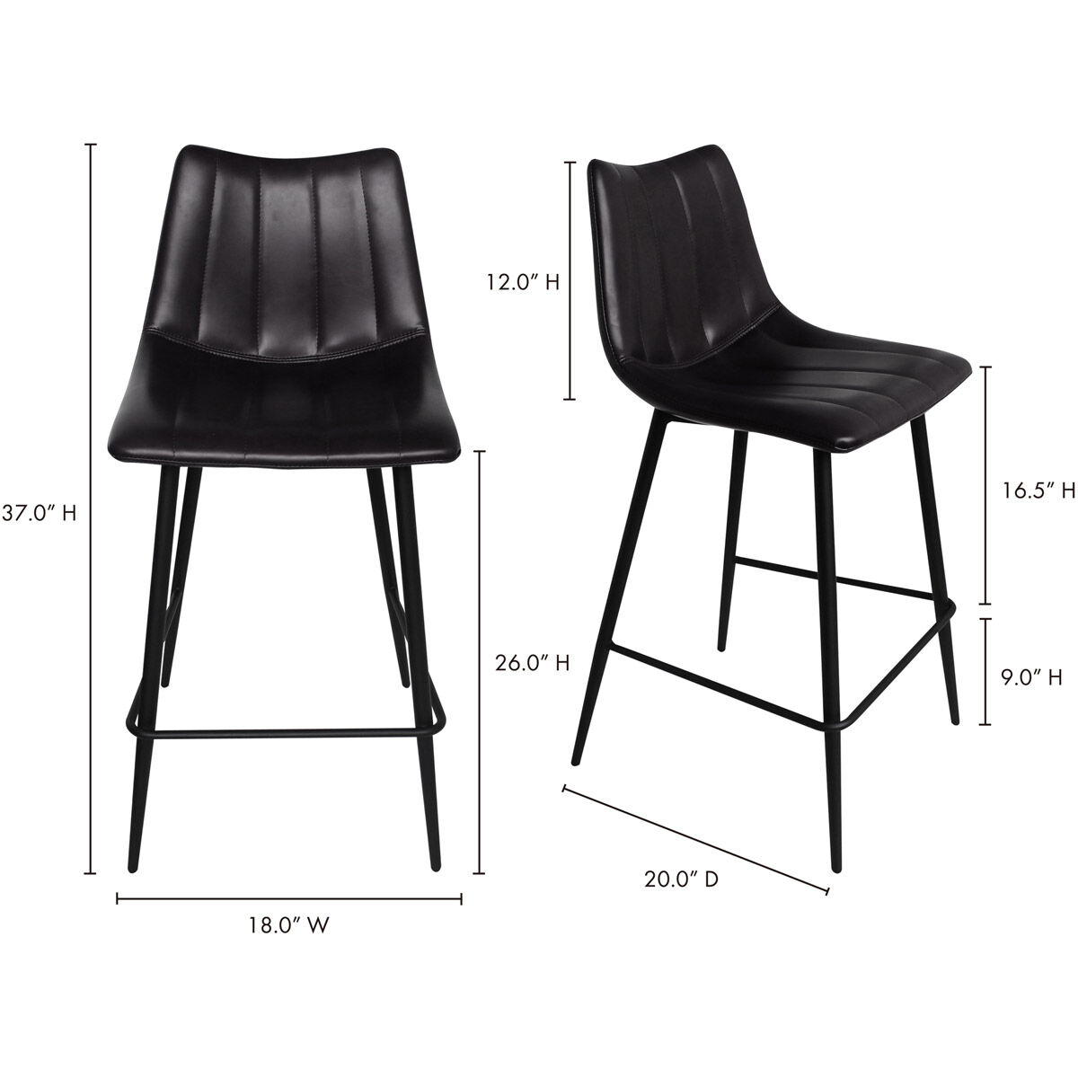 Alibi 37 inch Black Counter Stool, Set of 2
