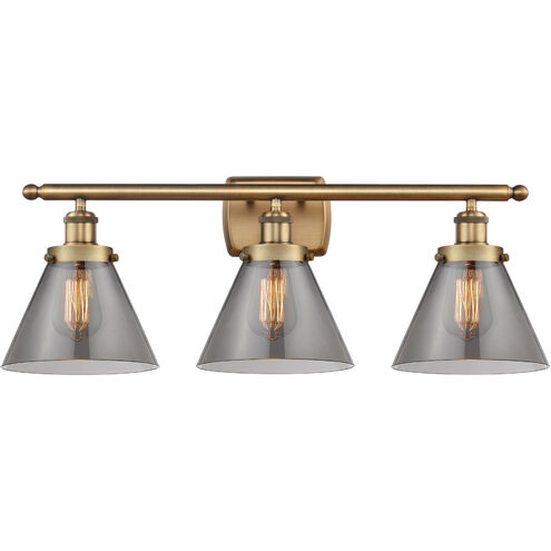 Ballston Large Cone 3 Light 26 inch Brushed Brass Bath Vanity Light Wall Light in Plated Smoke Glass