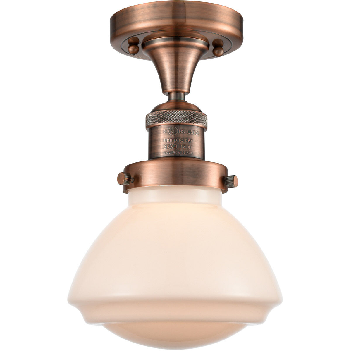Franklin Restoration Olean 1 Light 7 inch Antique Copper Semi-Flush Mount Ceiling Light in Matte White Glass, Franklin Restoration