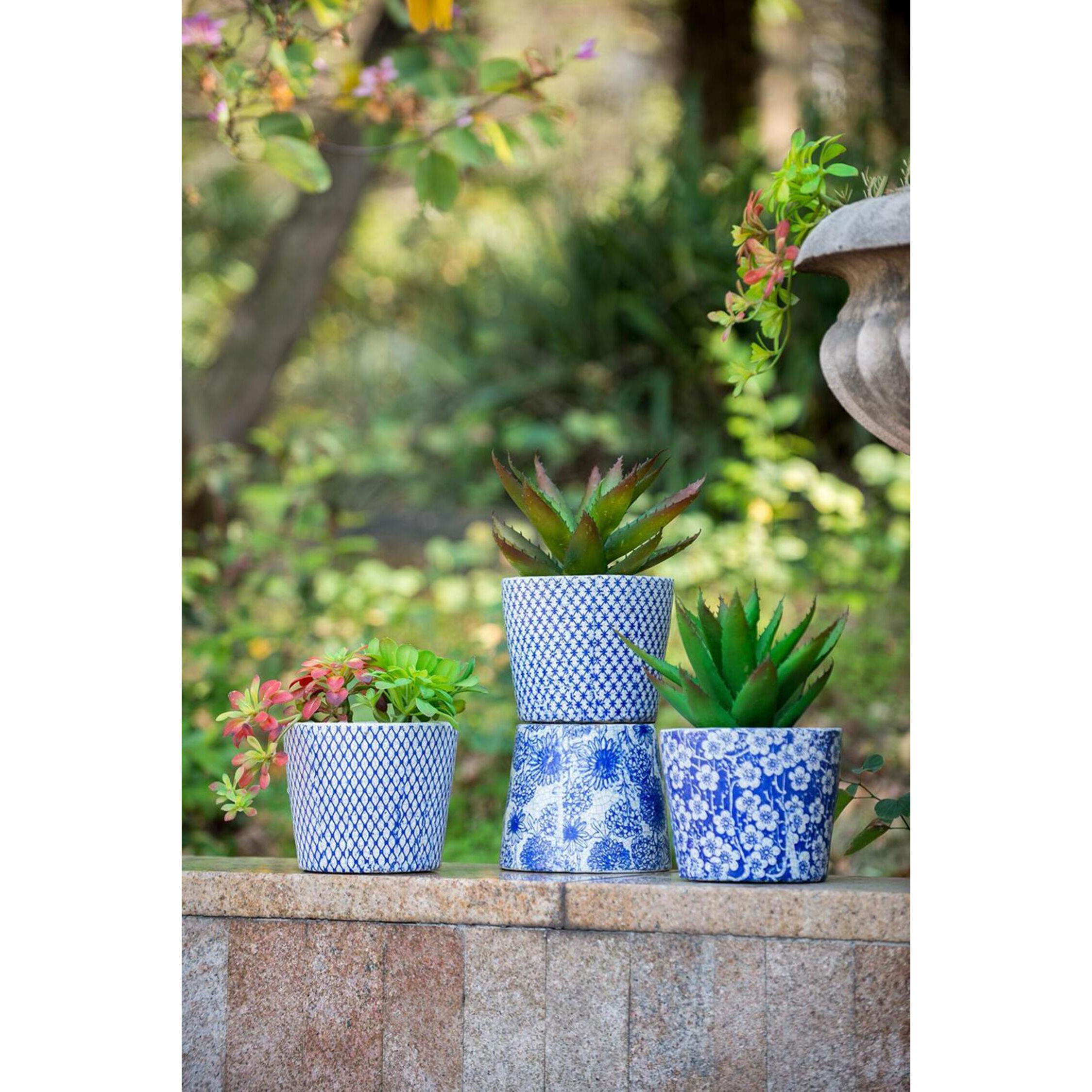Terracotta Blue and White Outdoor Planter, Set of 4