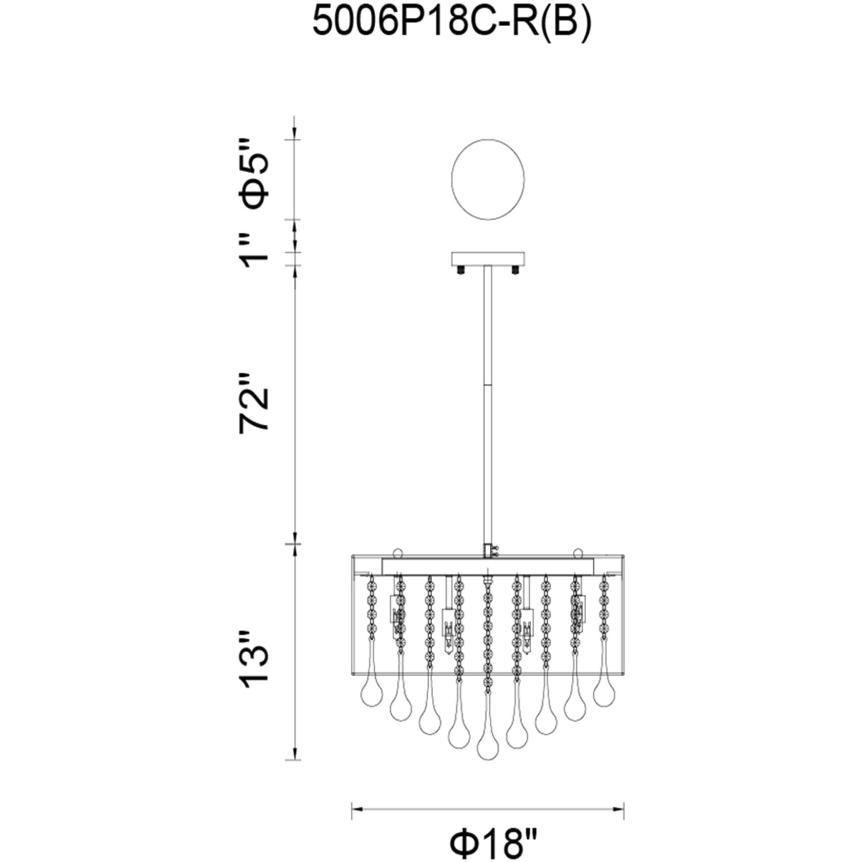 Water Drop 6 Light 18 inch Chrome Drum Shade Chandelier Ceiling Light in Black