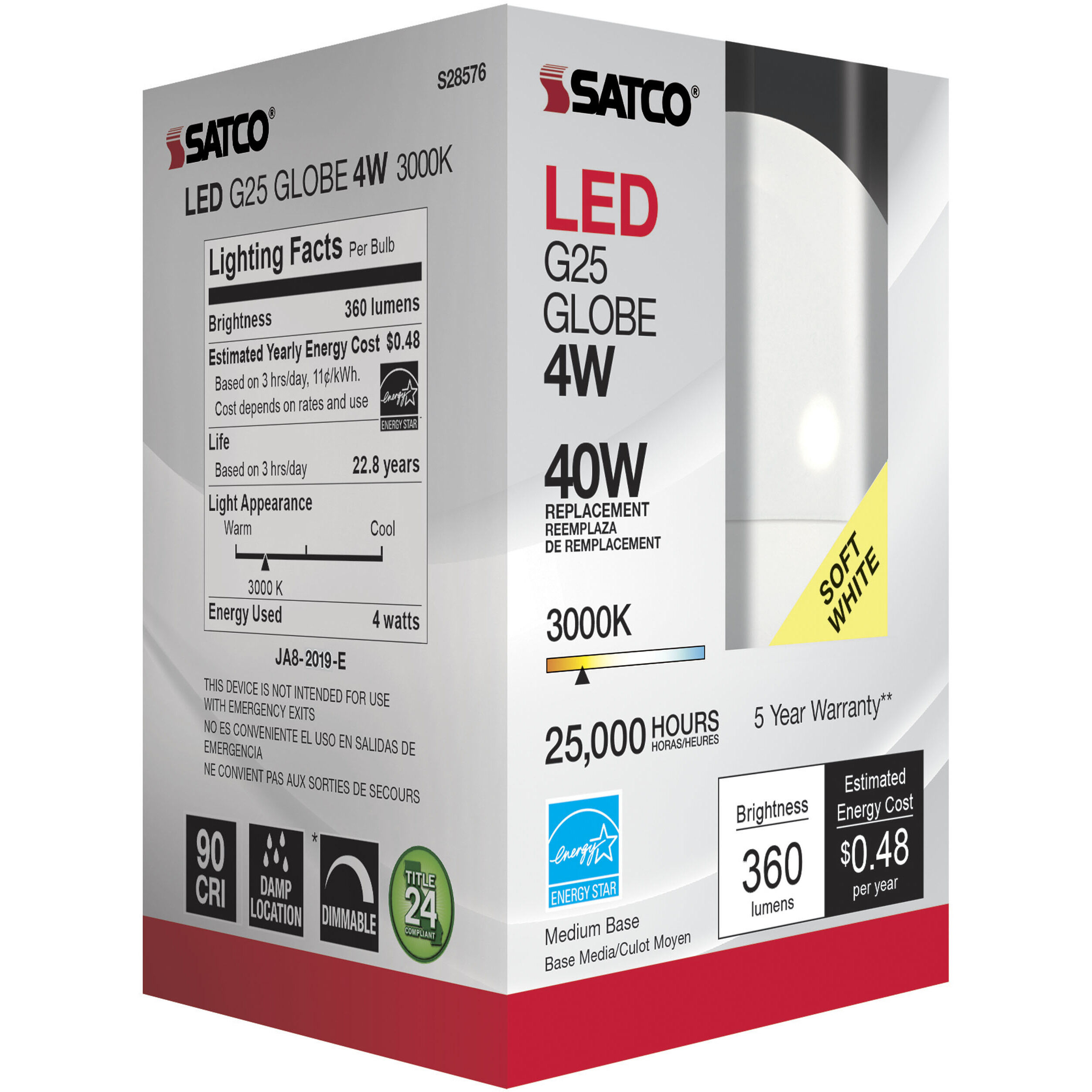 Lumos LED G25 Medium E26 4 watt 120V 3000K Light Bulb