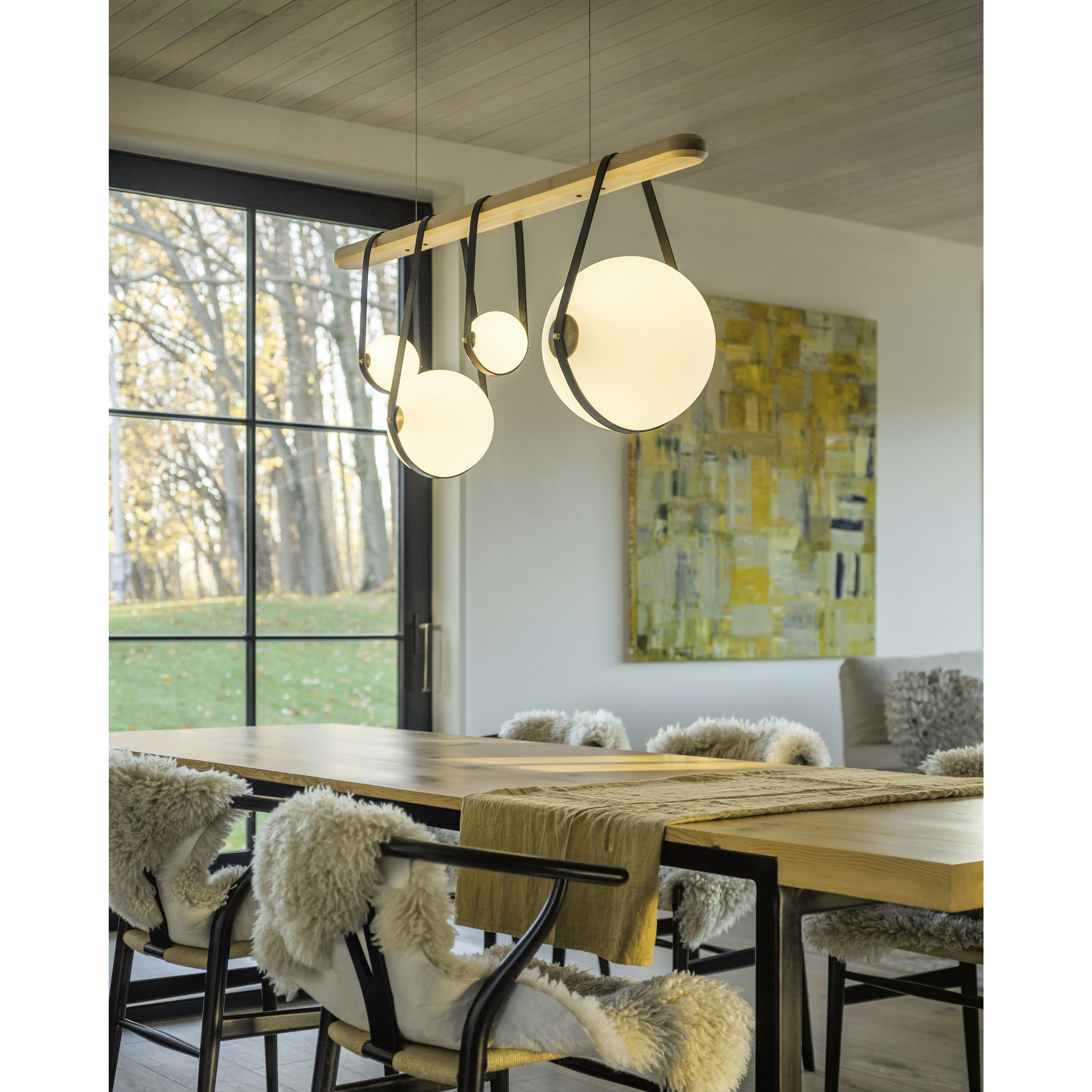 Derby LED 52 inch Black and Antique Brass Linear Pendant Ceiling Light in Black/Antique Brass, Black Leather with Maple Natural