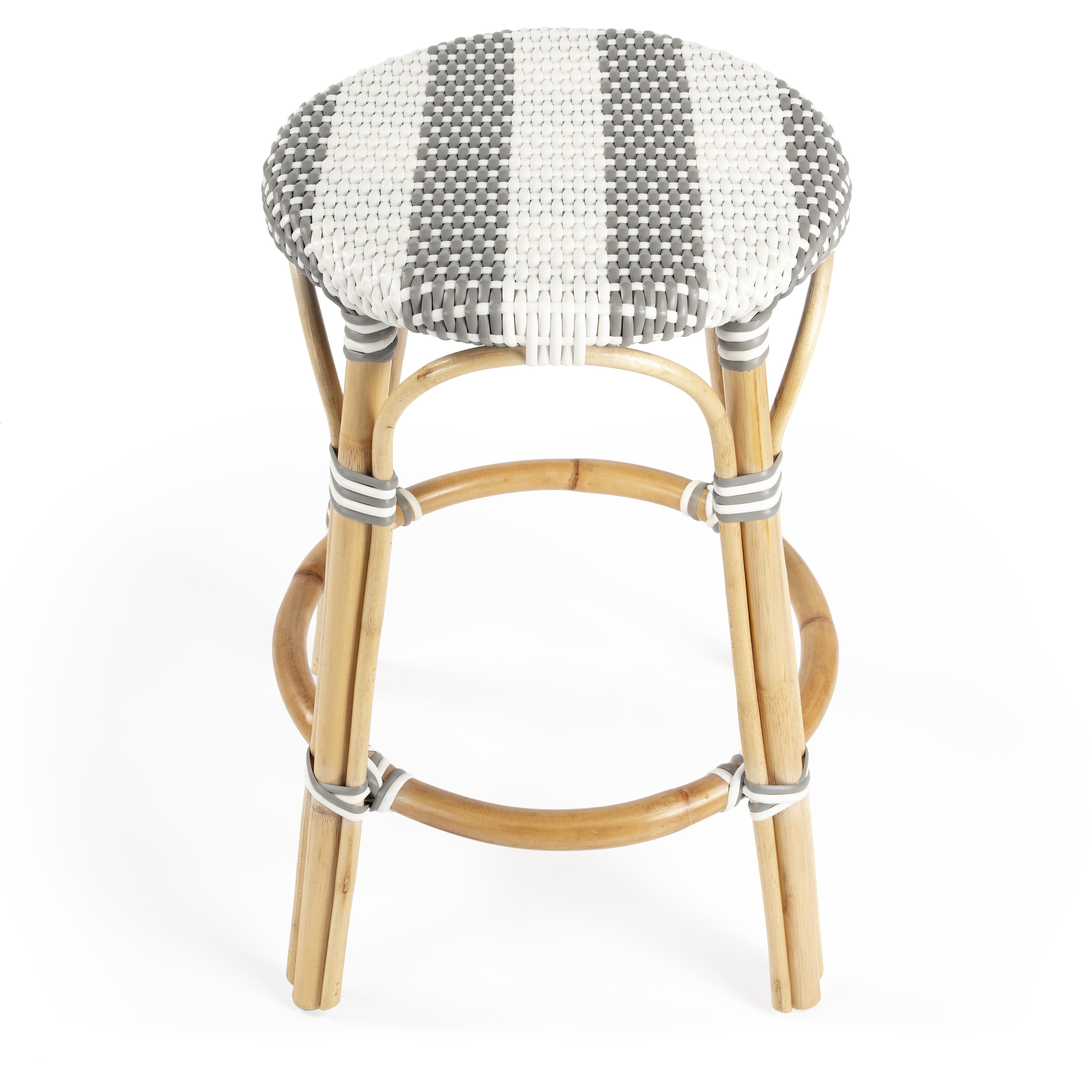 Tobias Rattan Round 24" Counter Stool in Gray and White Stripe