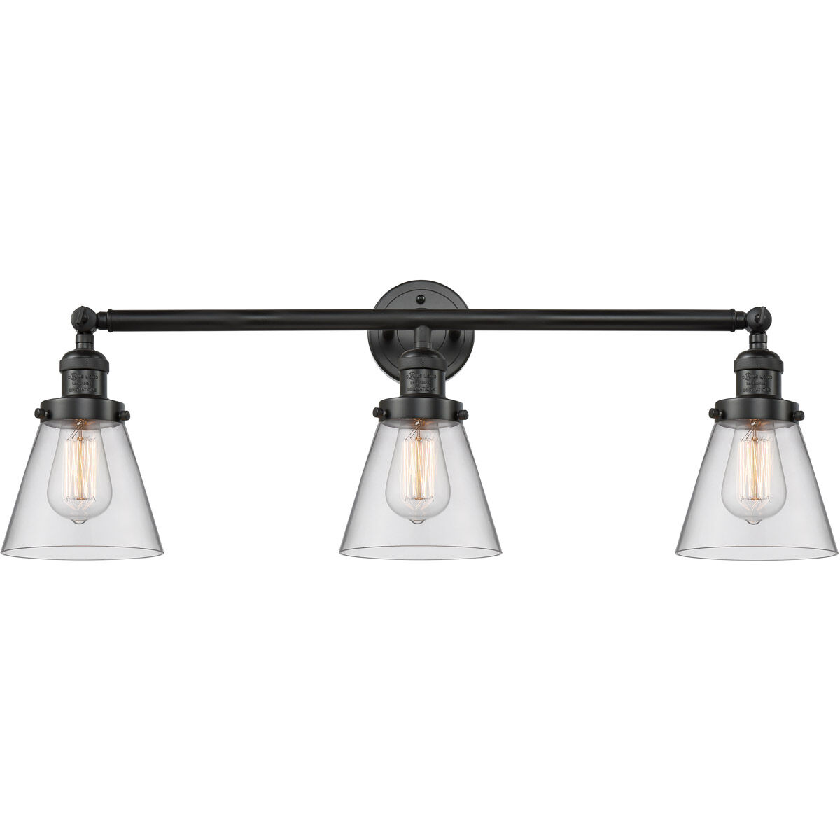 Franklin Restoration Small Cone 3 Light 30 inch Matte Black Bath Vanity Light Wall Light in Clear Glass, Franklin Restoration