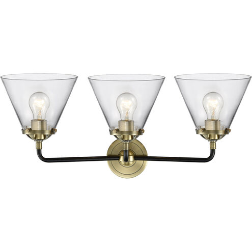 Nouveau Large Cone 3 Light 26 inch Black Antique Brass Bath Vanity Light Wall Light in Clear Glass, Nouveau