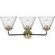 Nouveau Large Cone 3 Light 26 inch Black Antique Brass Bath Vanity Light Wall Light in Clear Glass, Nouveau