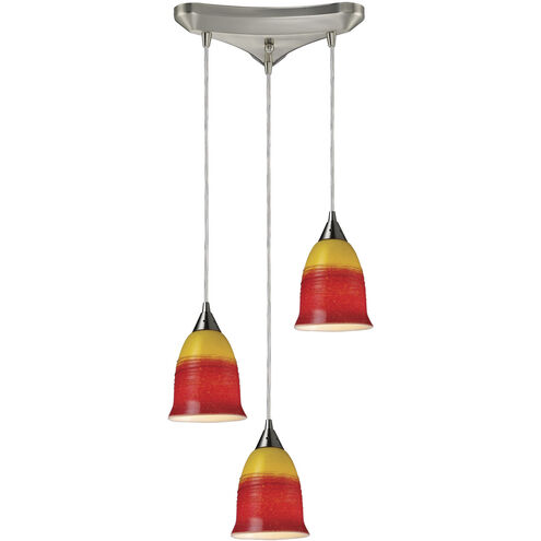 Horizon 3 Light 5 inch Satin Nickel with Red and Yellow Pendant Ceiling Light in Fire