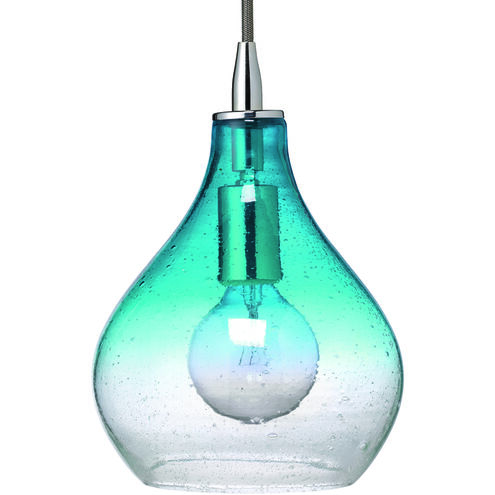 Curved 1 Light 7 inch Aqua Seeded Glass Pendant Ceiling Light