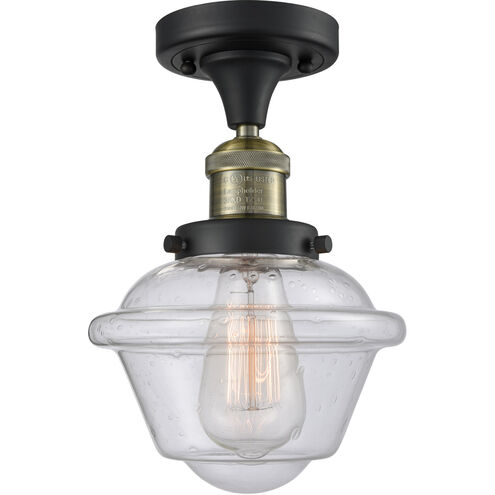 Franklin Restoration Small Oxford LED 7.5 inch Black Antique Brass Semi-Flush Mount Ceiling Light in Seedy Glass, Franklin Restoration
