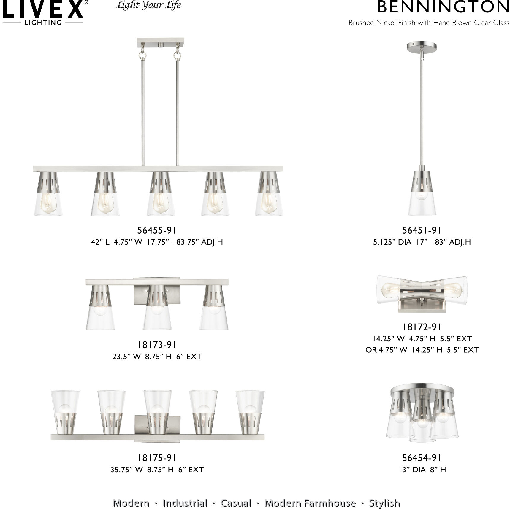 Bennington 5 Light 4.75 inch Brushed Nickel Large Linear Chandelier Ceiling Light