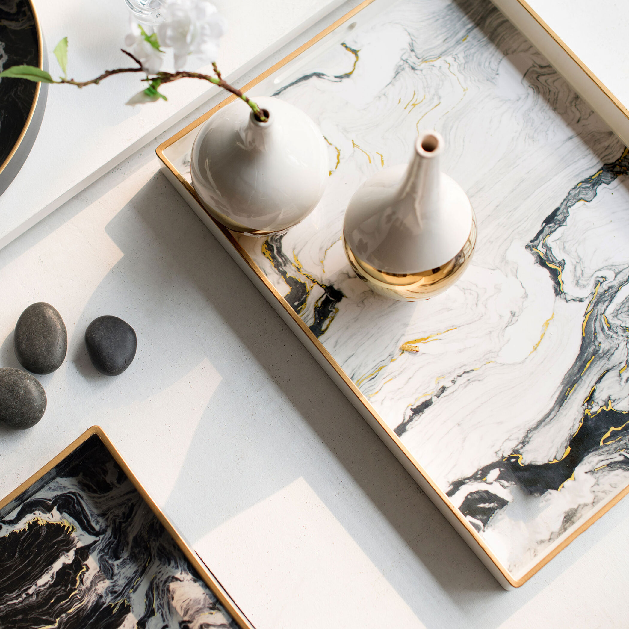 Quinn Rectangular Decorative Black and White Tray, Set of 2