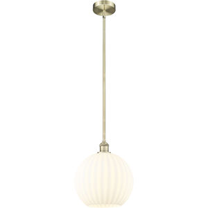 Edison White Venetian 1 Light 12 inch Antique Brass Stem Hung Pendant Ceiling Light