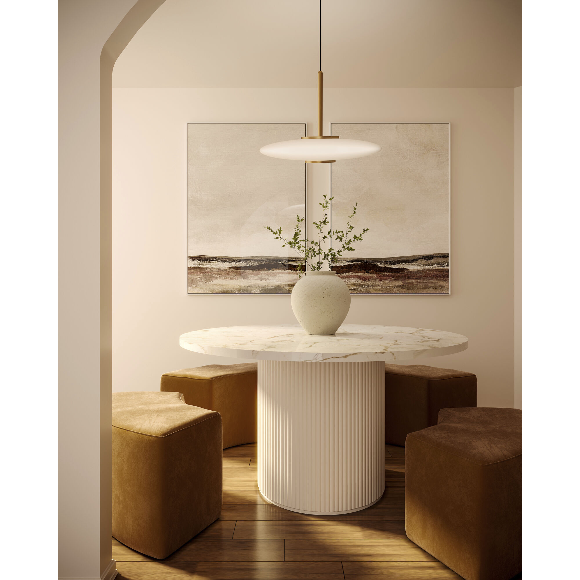 Kyoto Pendant Ceiling Light in Vintage Brass, Glossy Opal Glass Shade