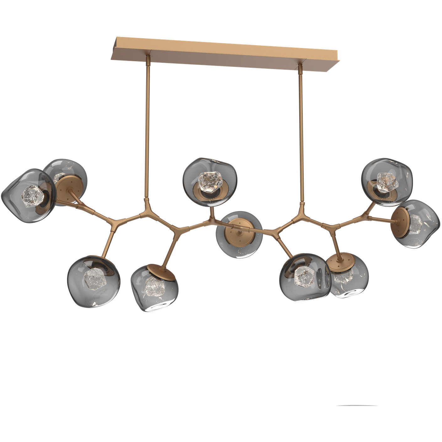 Luna LED Novel Brass Linear Pendant Ceiling Light in 2700K LED, Zircon Inner - Smoke Outer, Modern Branch