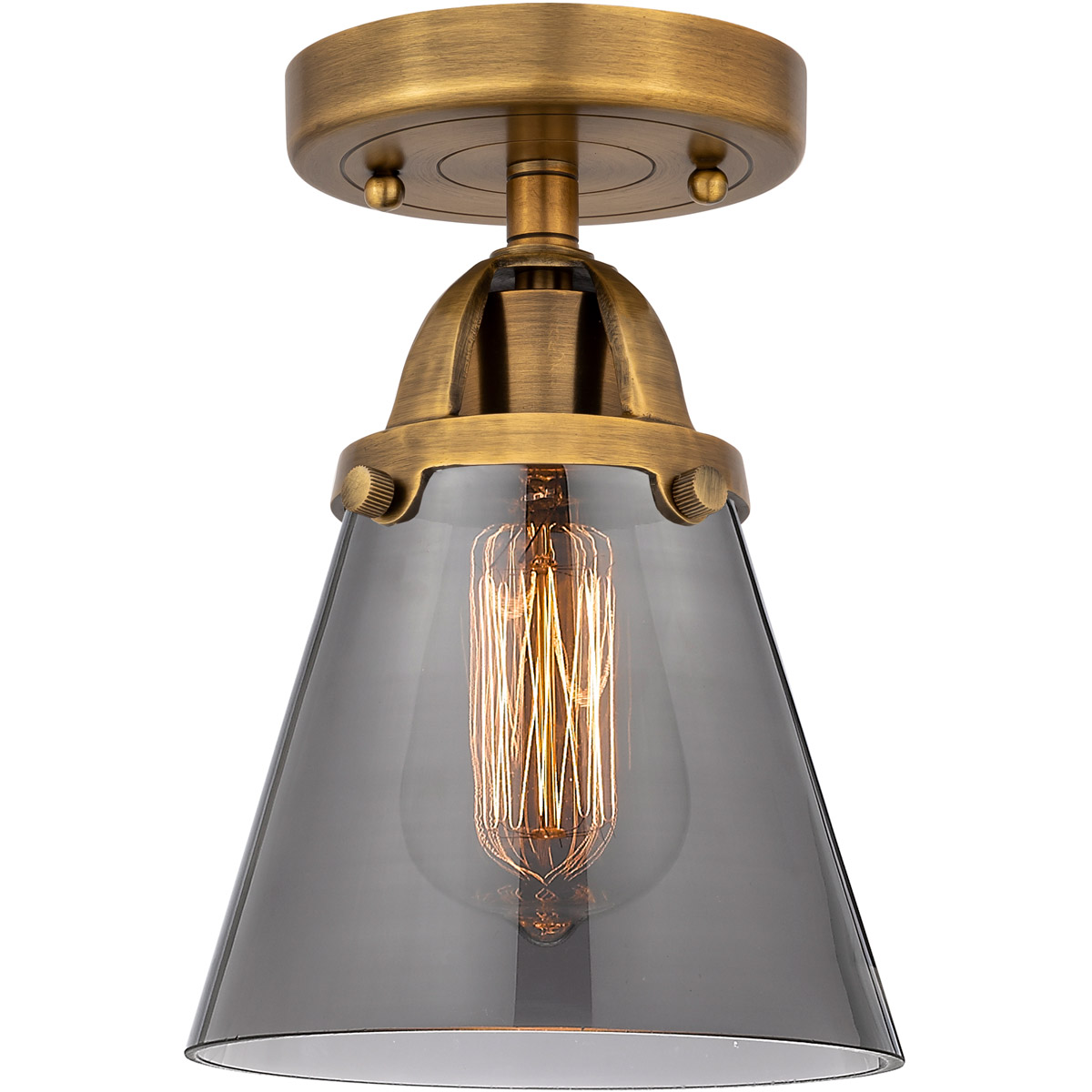 Nouveau 2 Small Cone LED 6.25 inch Brushed Brass Semi-Flush Mount Ceiling Light in Light Smoke Glass