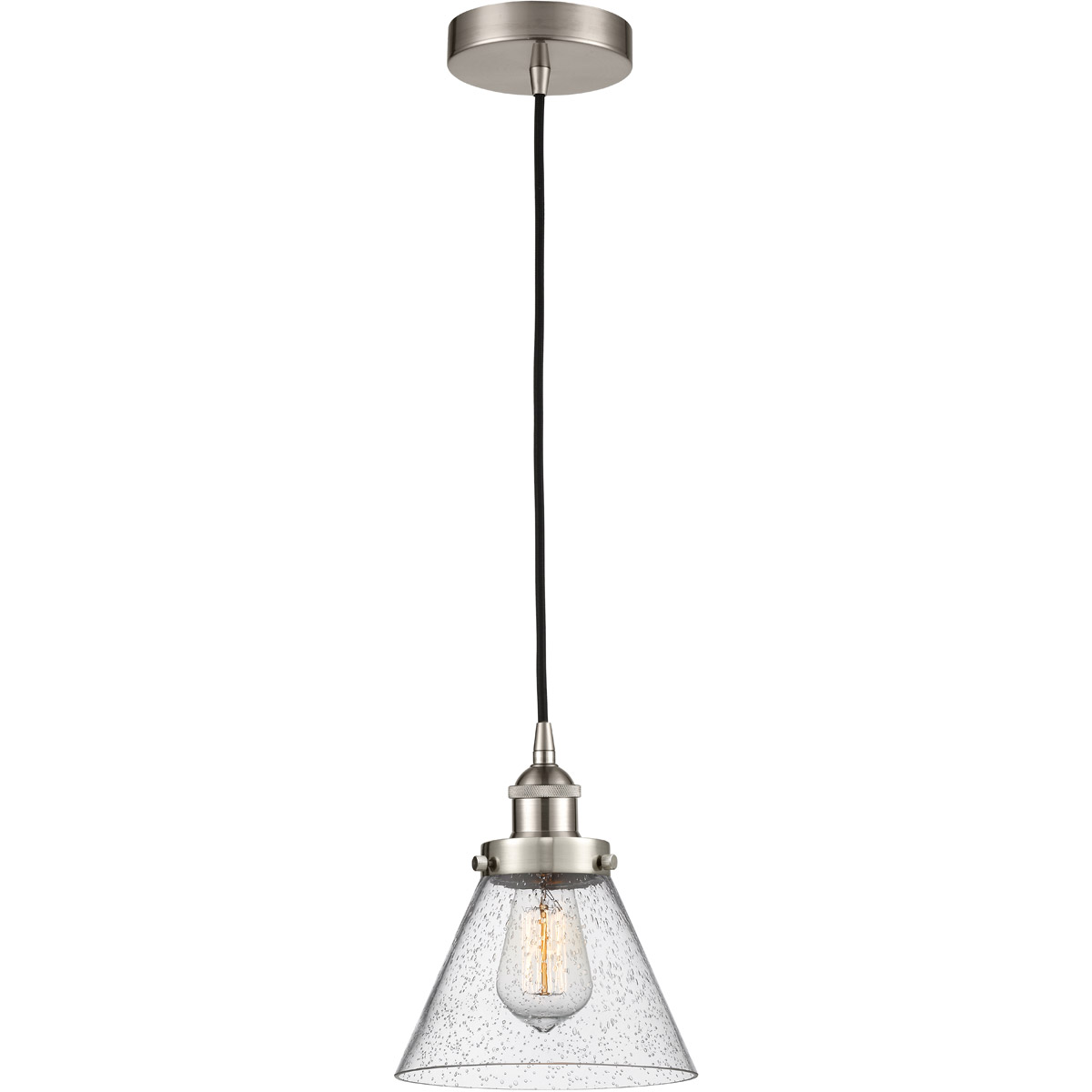Franklin Restoration Large Cone LED 8 inch Brushed Satin Nickel Mini Pendant Ceiling Light in Seedy Glass