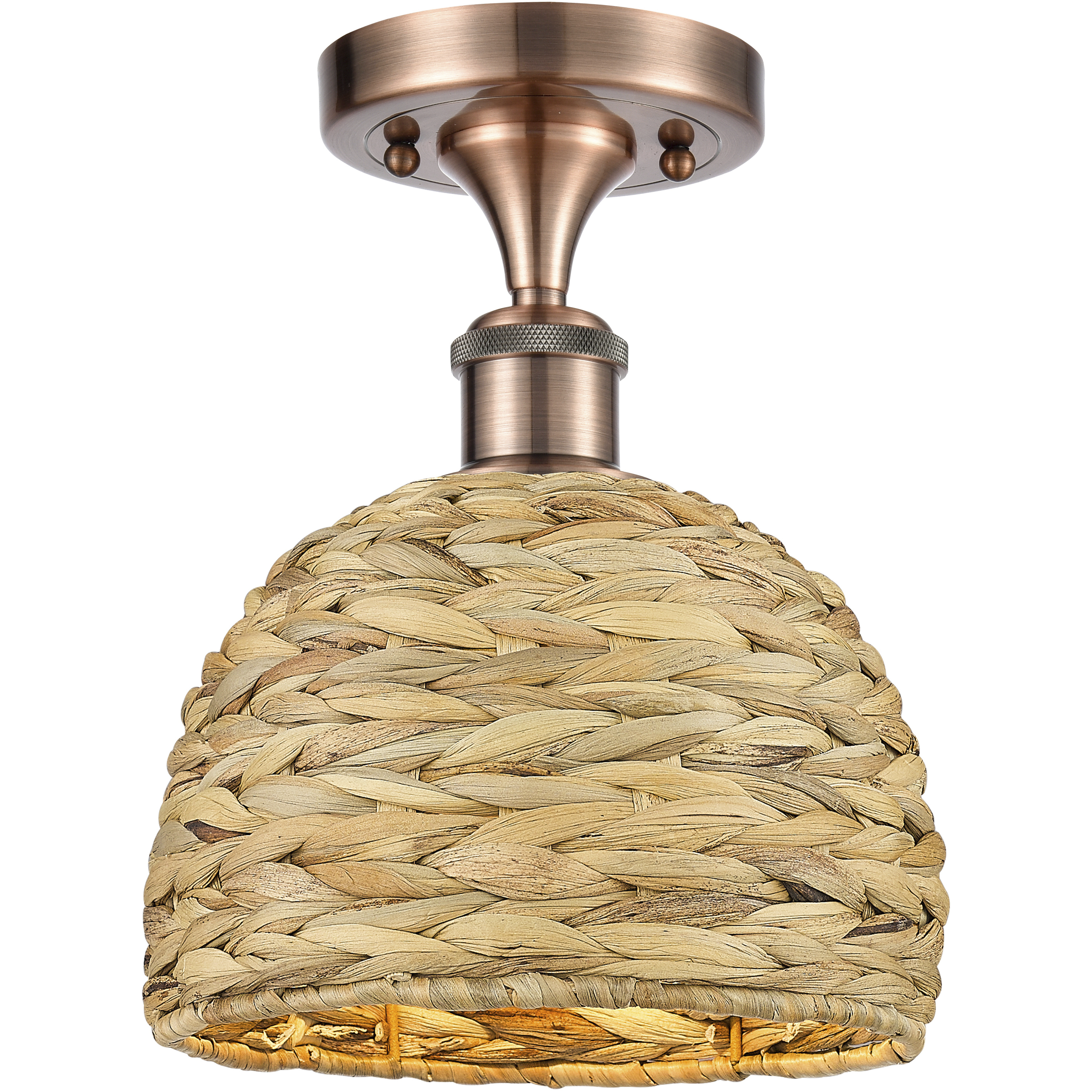 Woven Rattan 1 Light 8 inch Antique Copper Semi-Flush Mount Ceiling Light