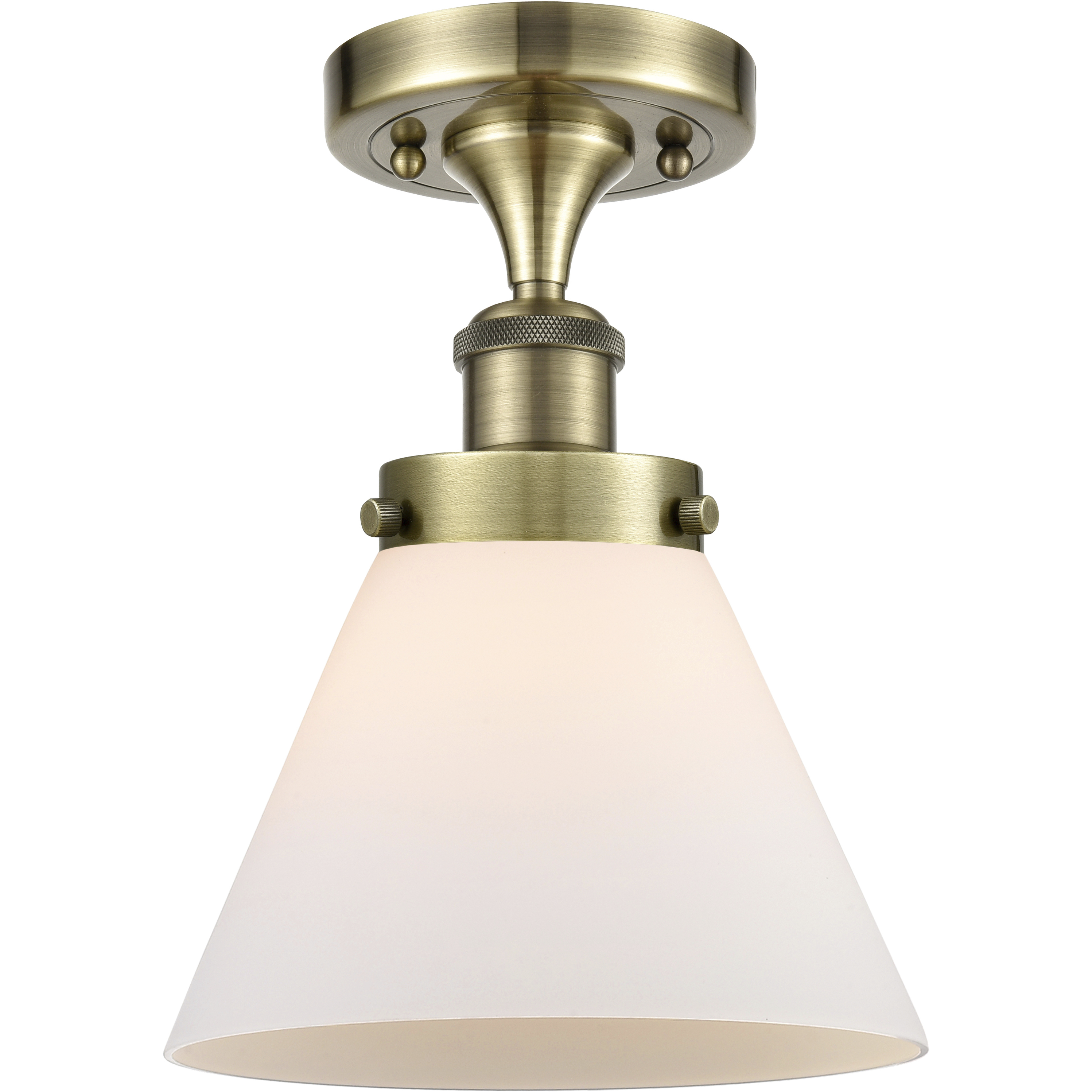 Cone 1 Light 7.75 inch Antique Brass Semi-Flush Mount Ceiling Light in Matte White Glass, 9.75