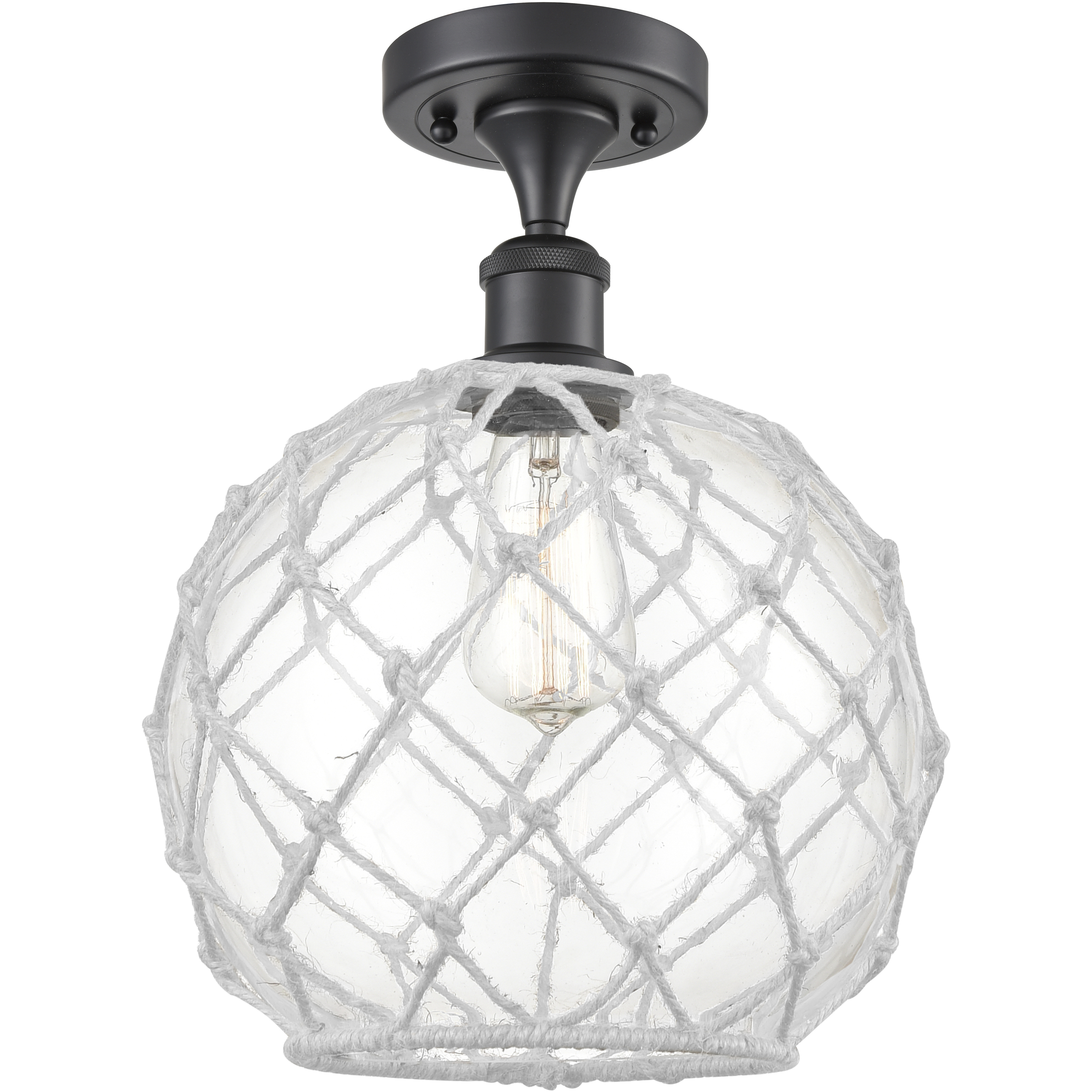 Edison Farmhouse Rope 1 Light 10 inch Matte Black Semi-Flush Mount Ceiling Light in Clear Glass with White Rope