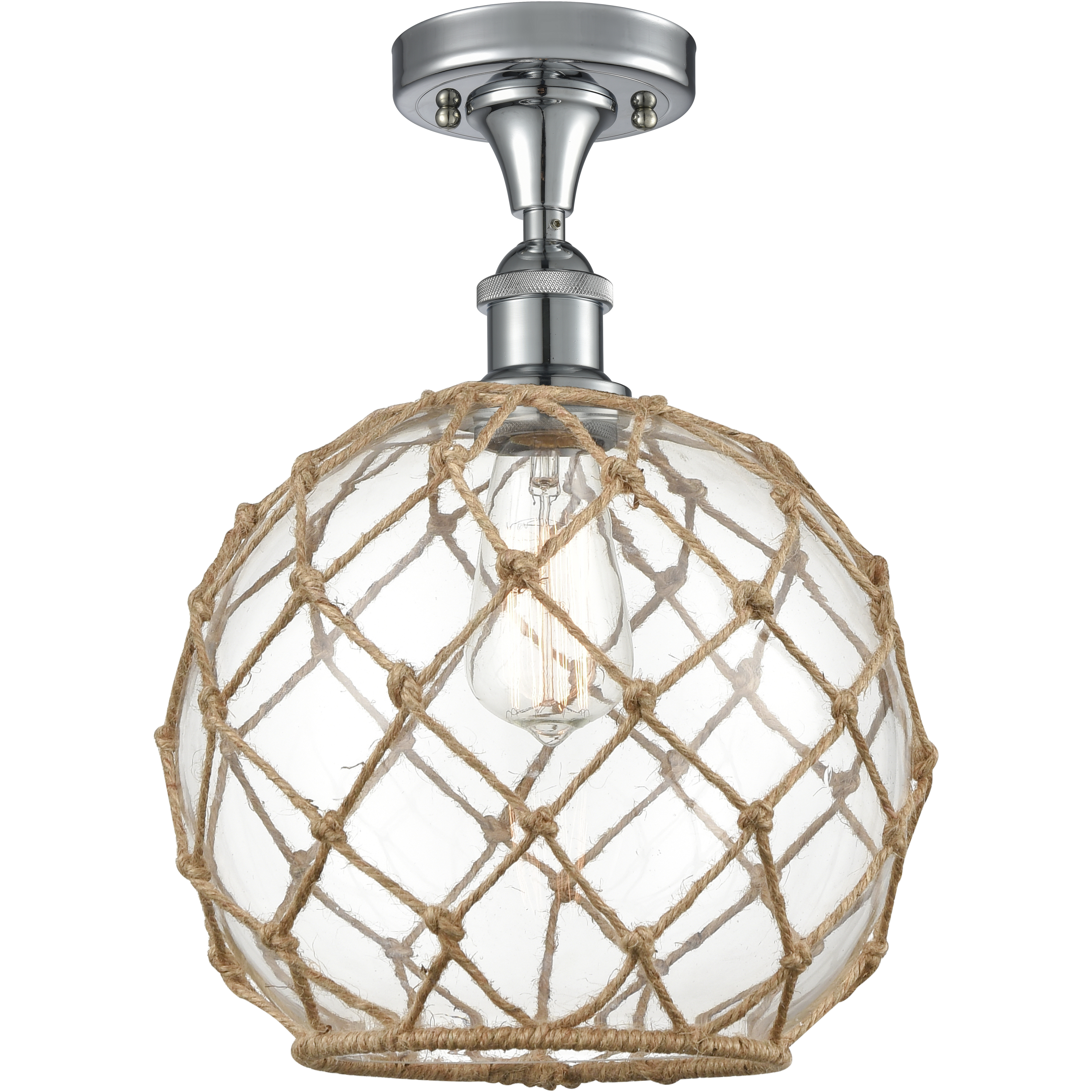 Edison Farmhouse Rope 1 Light 10 inch Polished Chrome Semi-Flush Mount Ceiling Light in Clear Glass with Brown Rope
