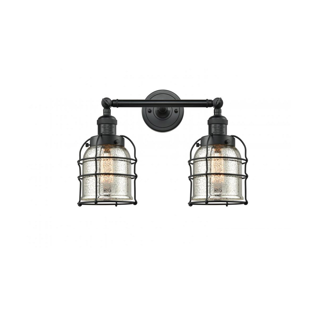 Franklin Restoration Small Bell Cage 2 Light 16 inch Matte Black Bath Vanity Light Wall Light in Silver Plated Mercury Glass, Franklin Restoration