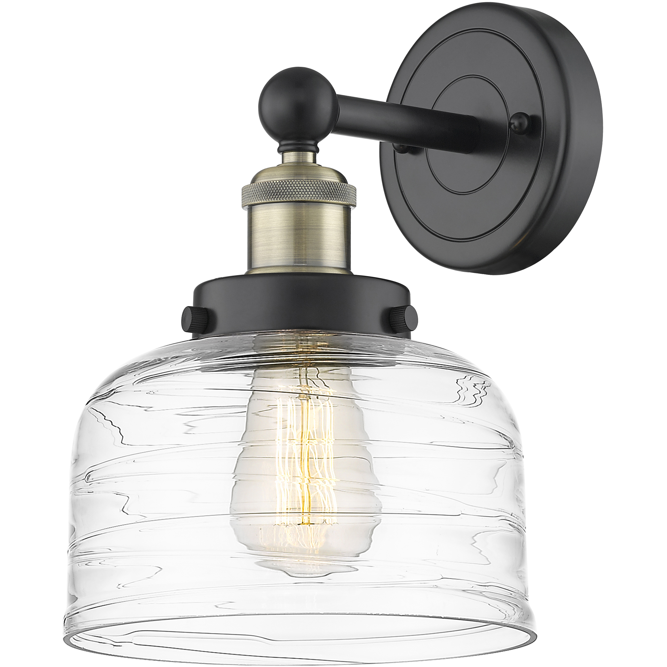 Bell Sconce Wall Light in Black Antique Brass, Clear Deco Swirl