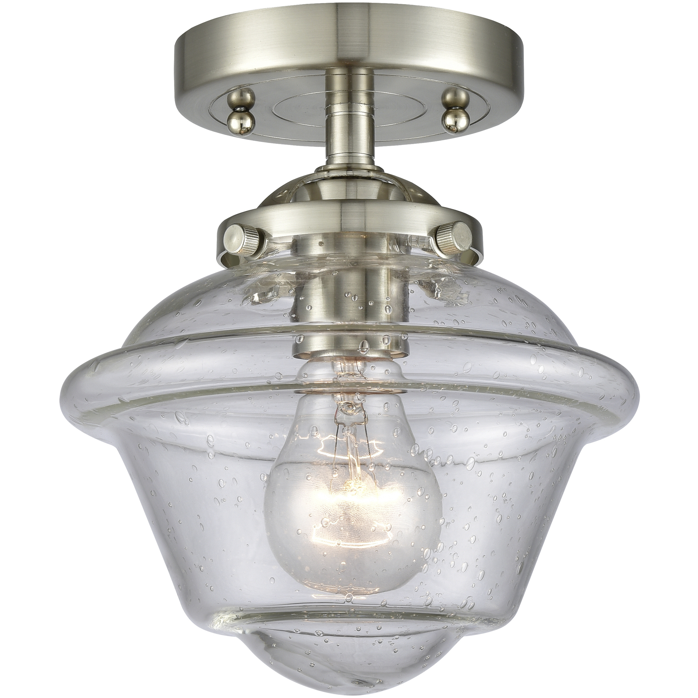 Nouveau Small Oxford 1 Light 8 inch Brushed Satin Nickel Semi-Flush Mount Ceiling Light in Seedy Glass, Nouveau