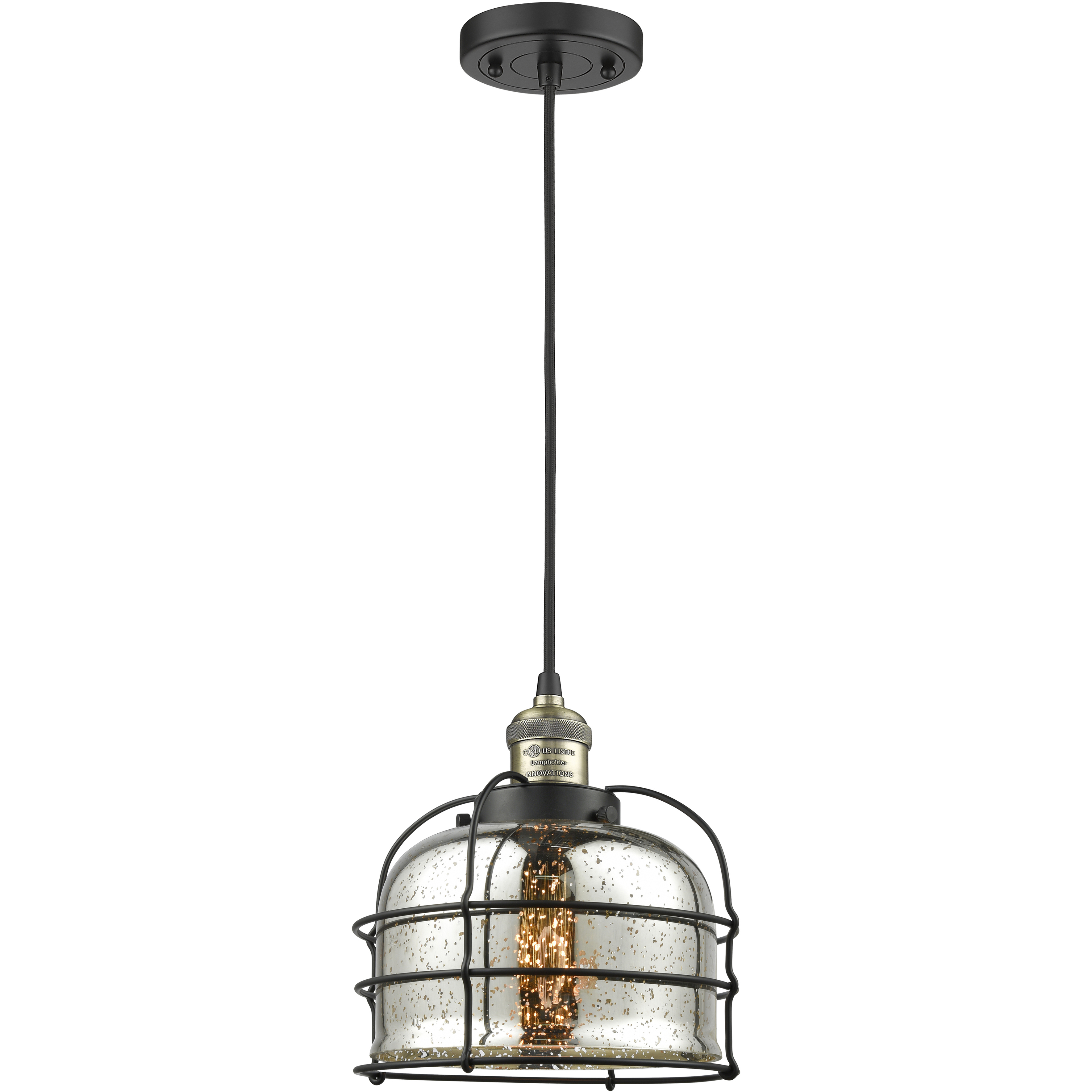 Franklin Restoration Bell Cage 1 Light 9 inch Black Antique Brass Mini Pendant Ceiling Light in Incandescent, Silver Plated Mercury, Franklin Restoration
