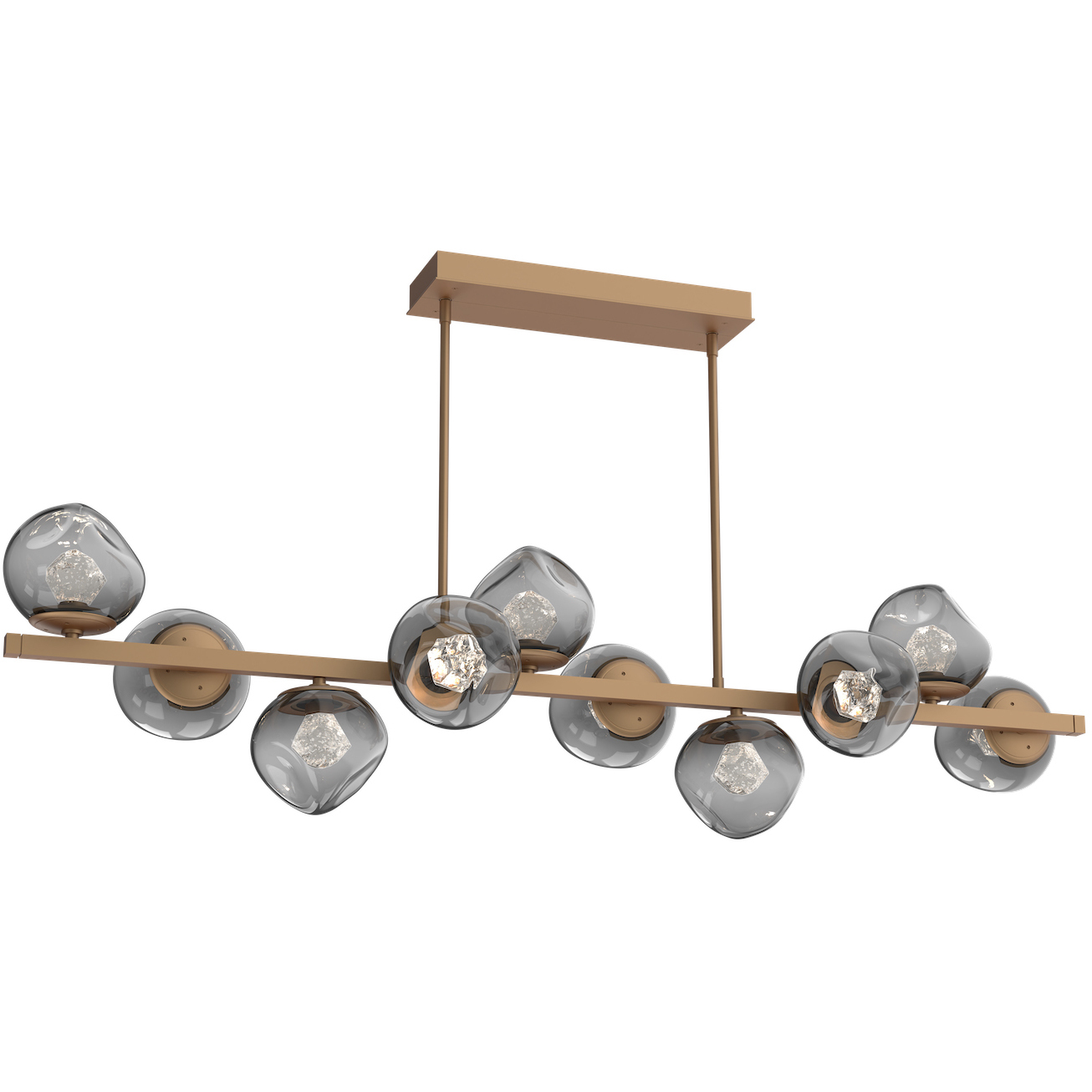 Luna LED Novel Brass Linear Pendant Ceiling Light in 2700K LED, Zircon Inner - Smoke Outer, Twisted Branch