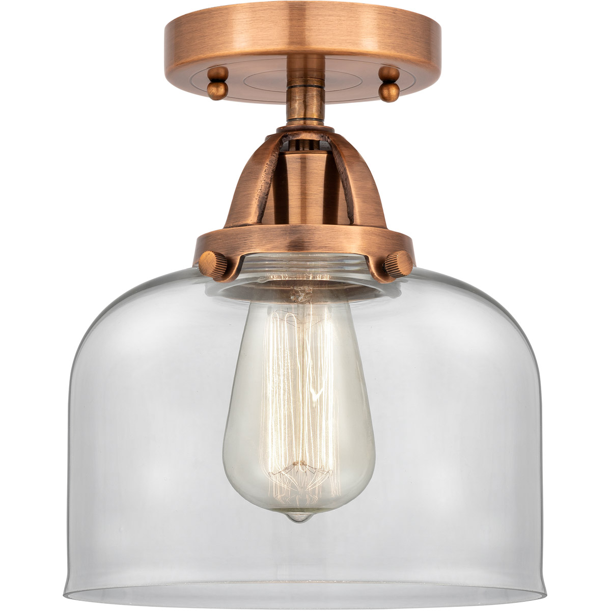 Nouveau 2 Large Bell LED 8 inch Antique Copper Semi-Flush Mount Ceiling Light in Clear Glass