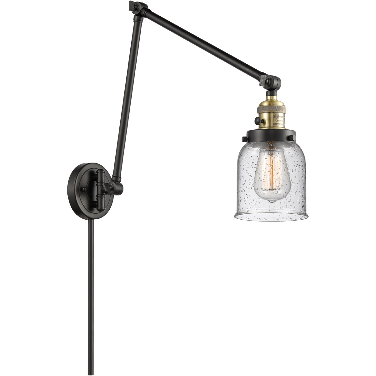 Small Bell 30 inch 3.50 watt Black Antique Brass Swing Arm Wall Light, Franklin Restoration