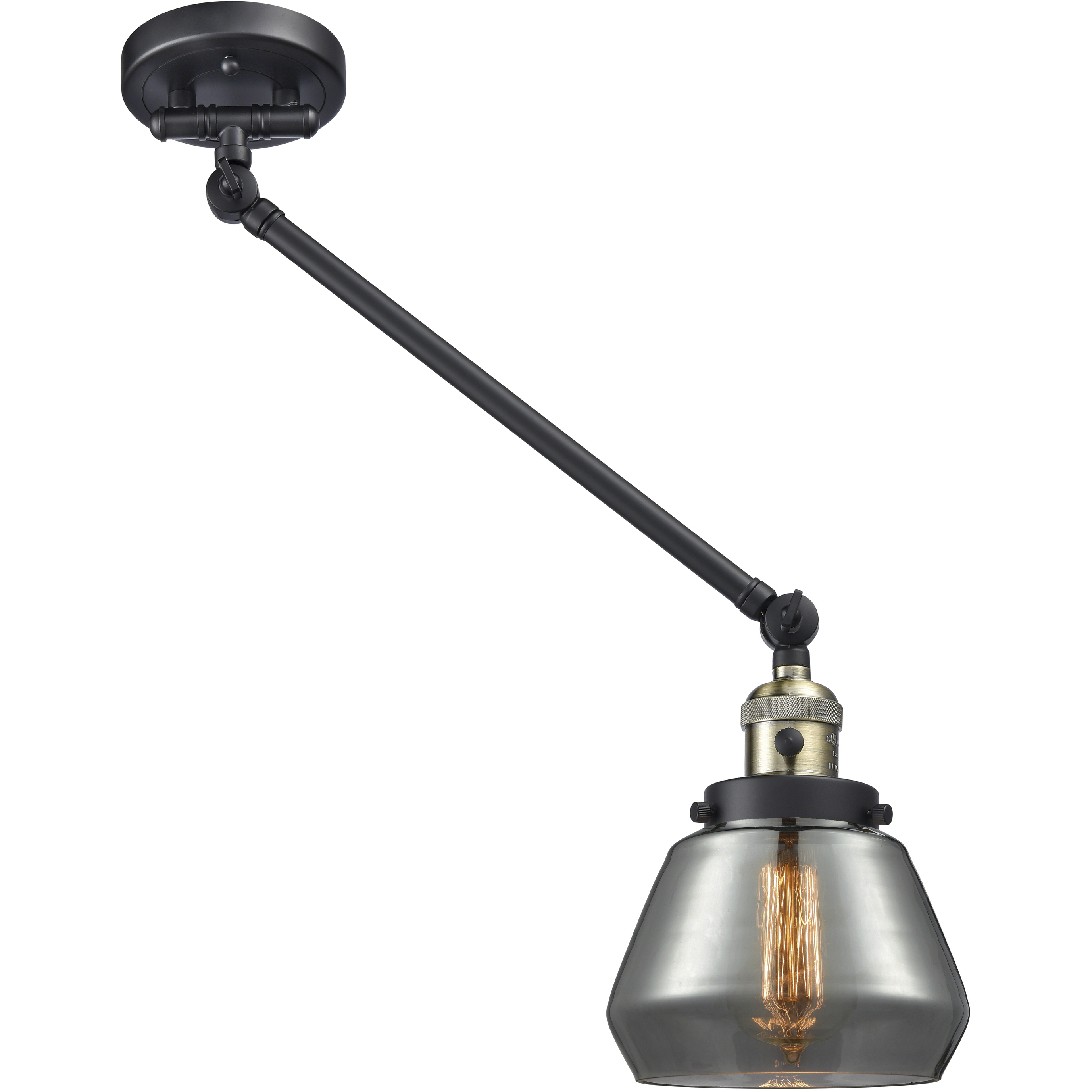 Fulton 35 inch 60 watt Black Antique Brass Swing Arm Wall Light in Light Smoke Glass, Franklin Restoration