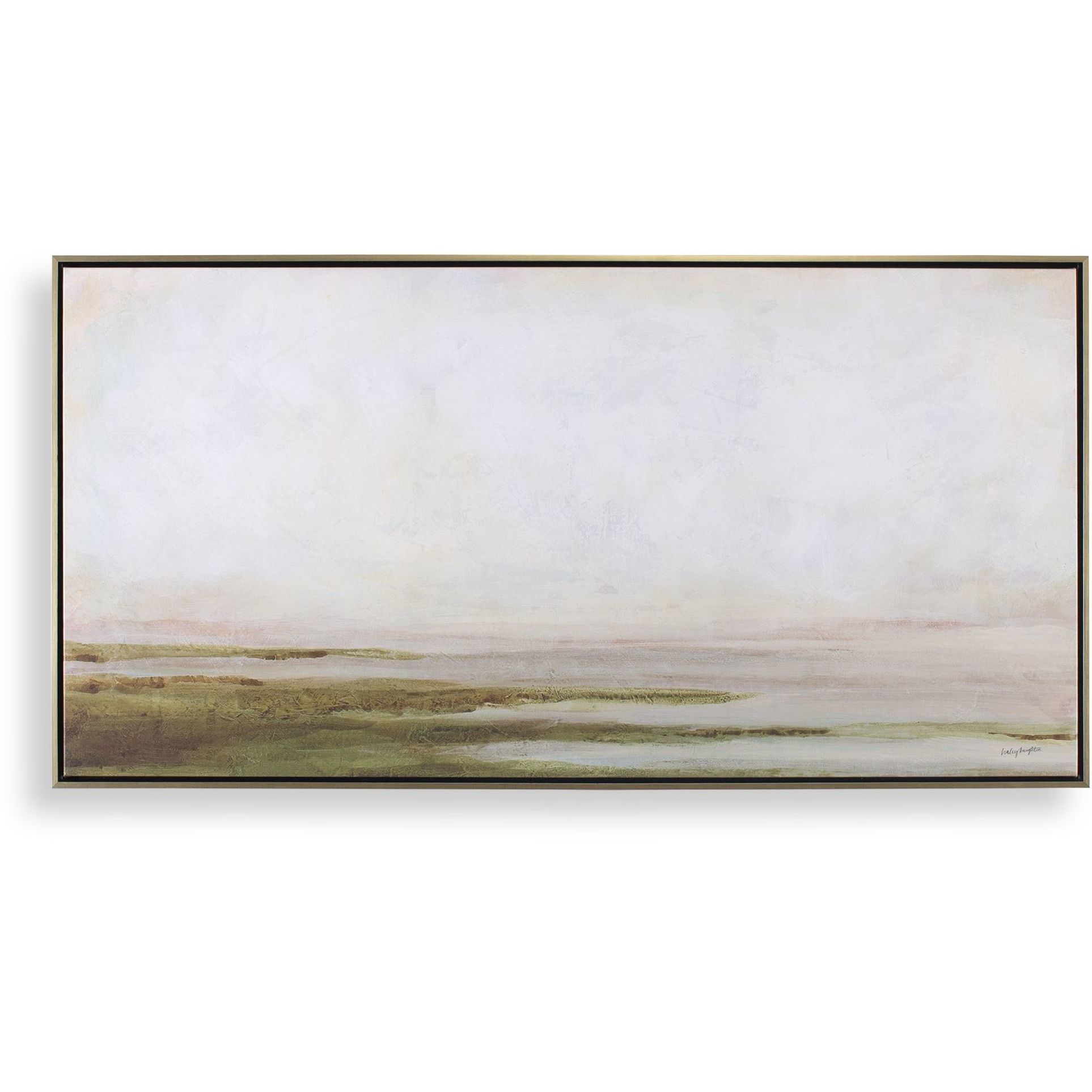 Hazy Lake White and Gray and Green and Brown Framed Landscape Art
