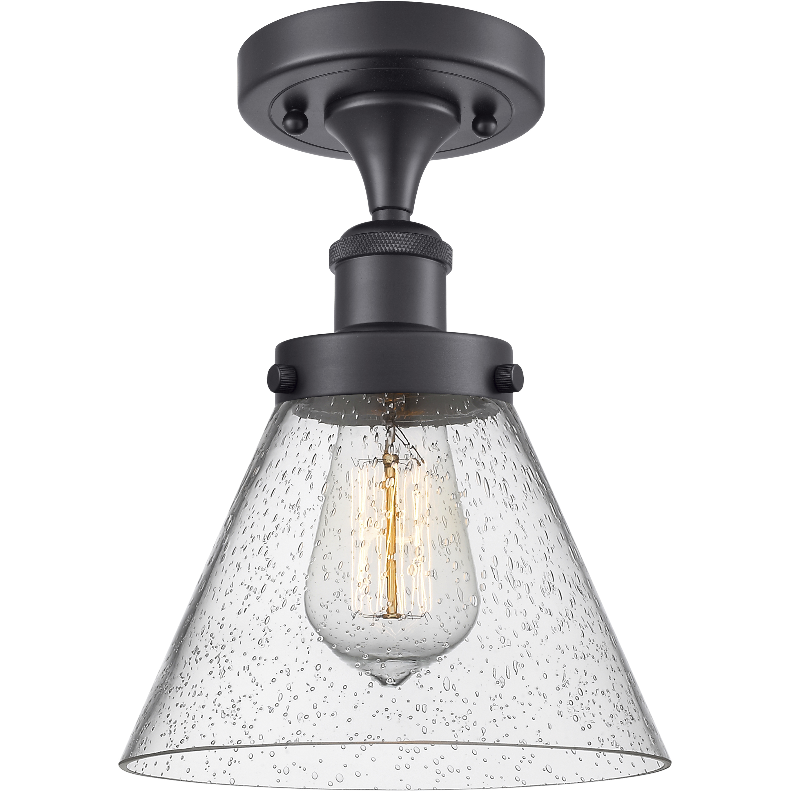 Cone 1 Light 7.75 inch Matte Black Semi-Flush Mount Ceiling Light in Seedy Glass