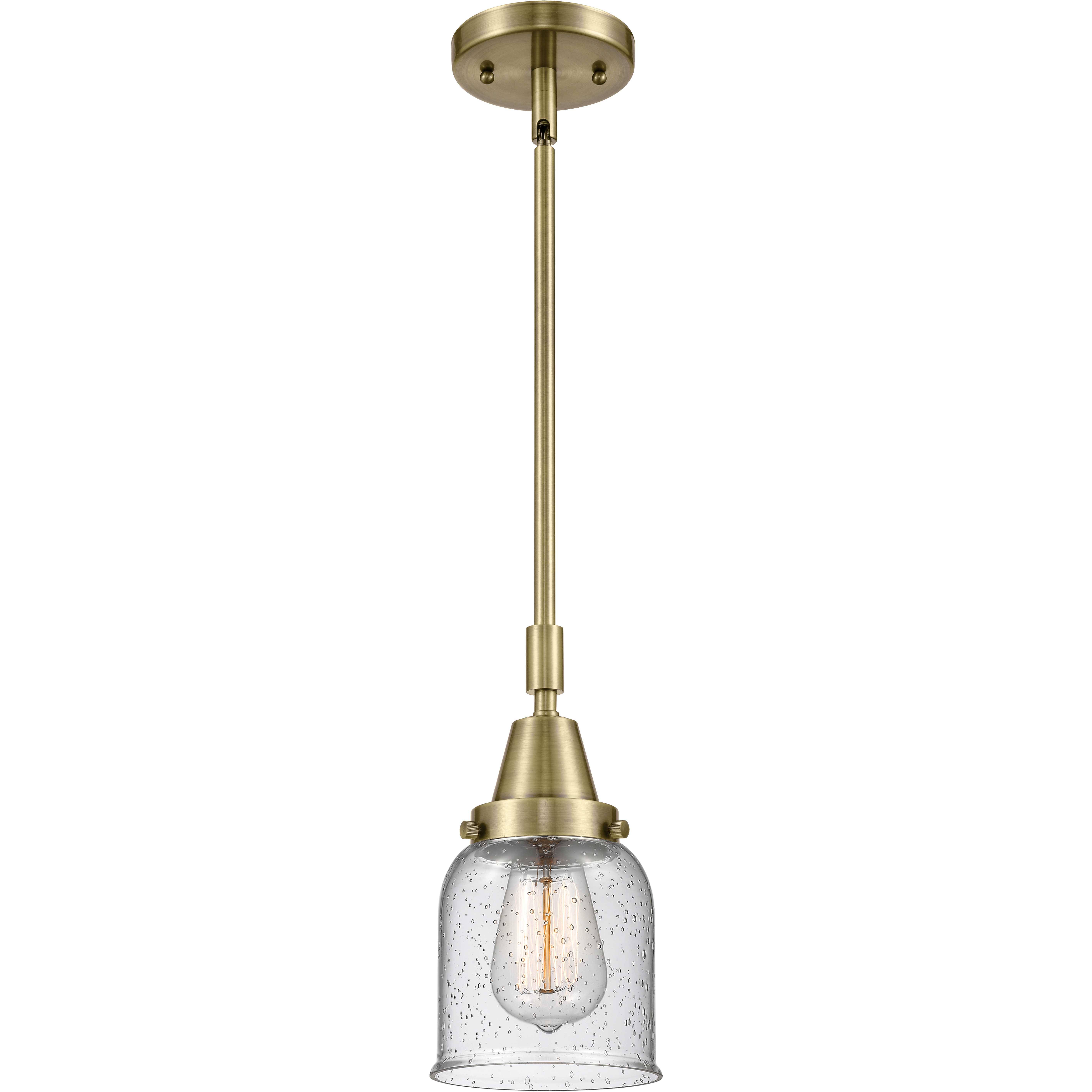 Franklin Restoration Small Bell LED 5 inch Antique Brass Mini Pendant Ceiling Light in Seedy Glass