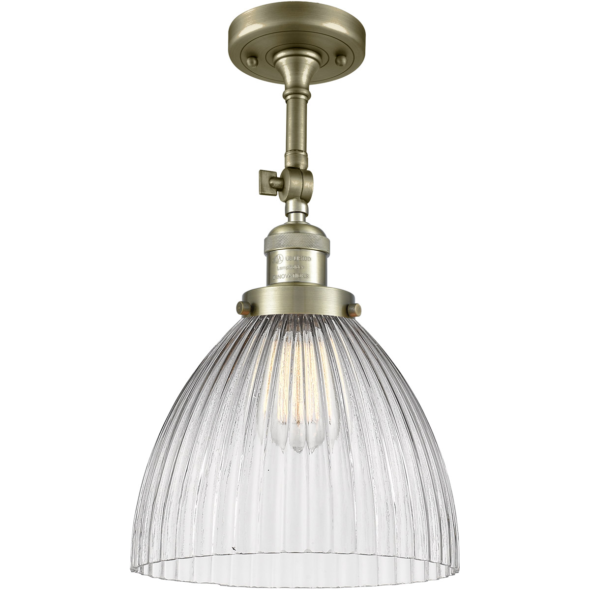 Franklin Restoration Seneca Falls LED 10 inch Antique Brass Semi-Flush Mount Ceiling Light in Clear Halophane Glass, Franklin Restoration