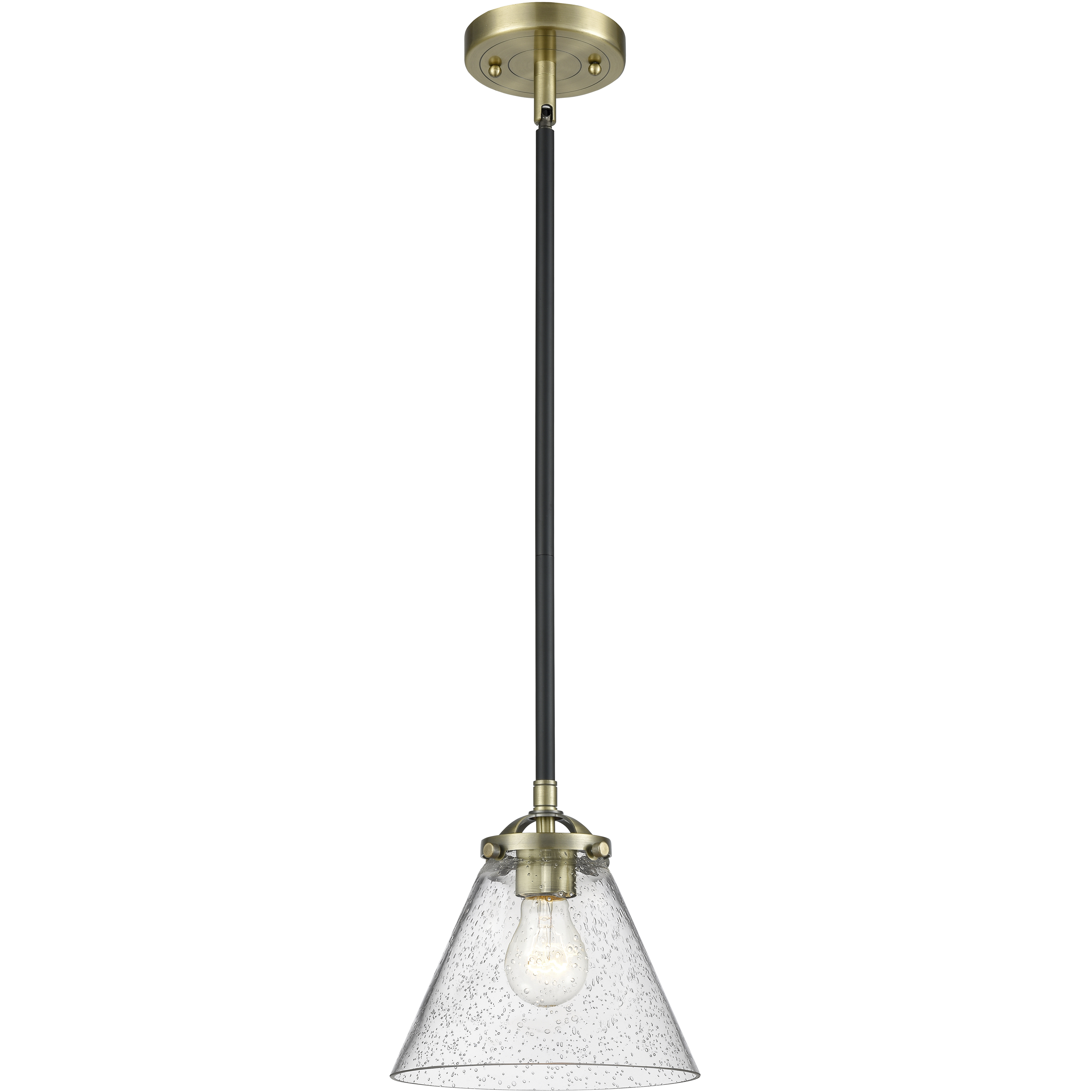 Nouveau Large Cone LED 8 inch Oil Rubbed Bronze Mini Pendant Ceiling Light in Seedy Glass, Nouveau